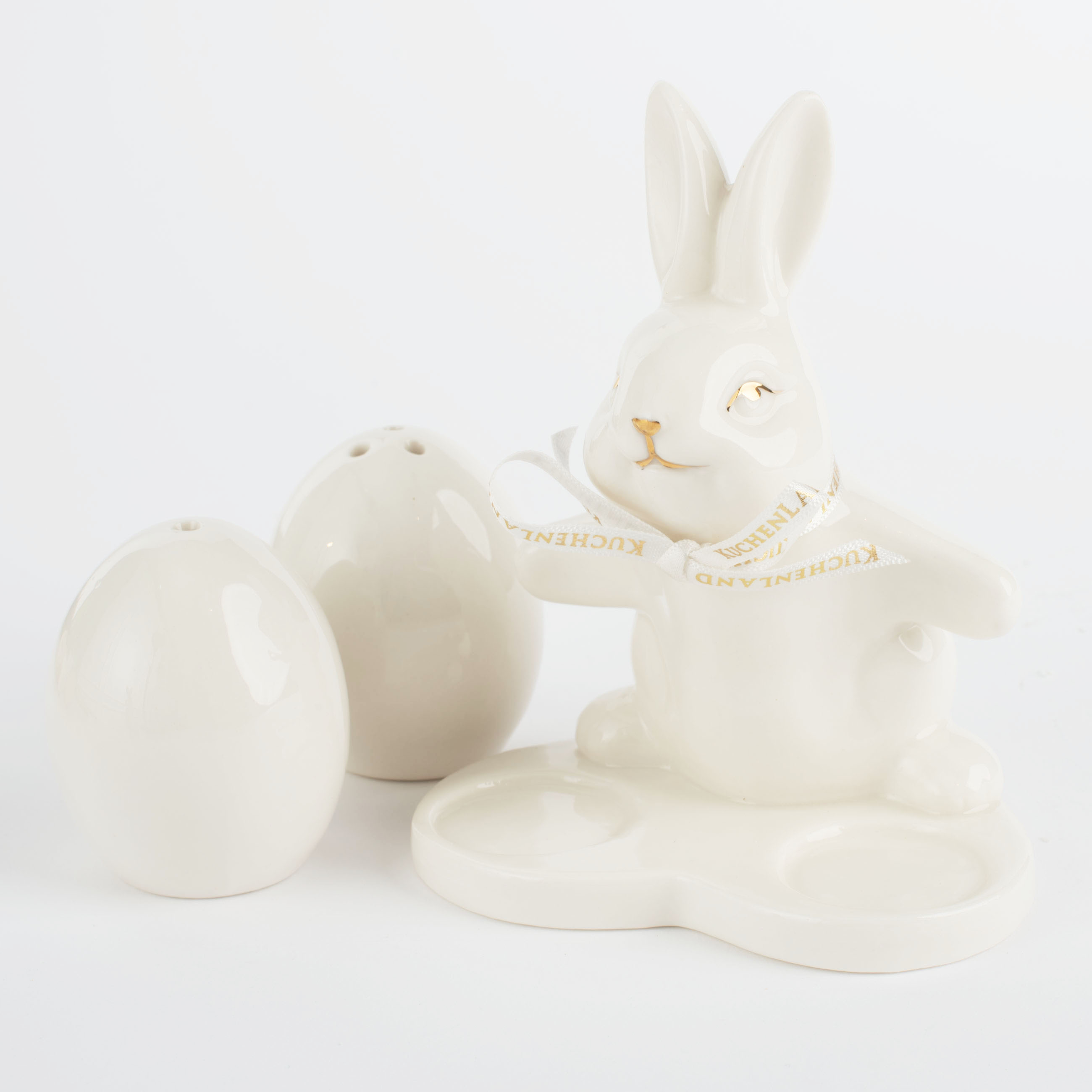 Набор для соли и перца, 12 см, на подставке, фарфор Р, белый, Кролик и яйца, Easter gold