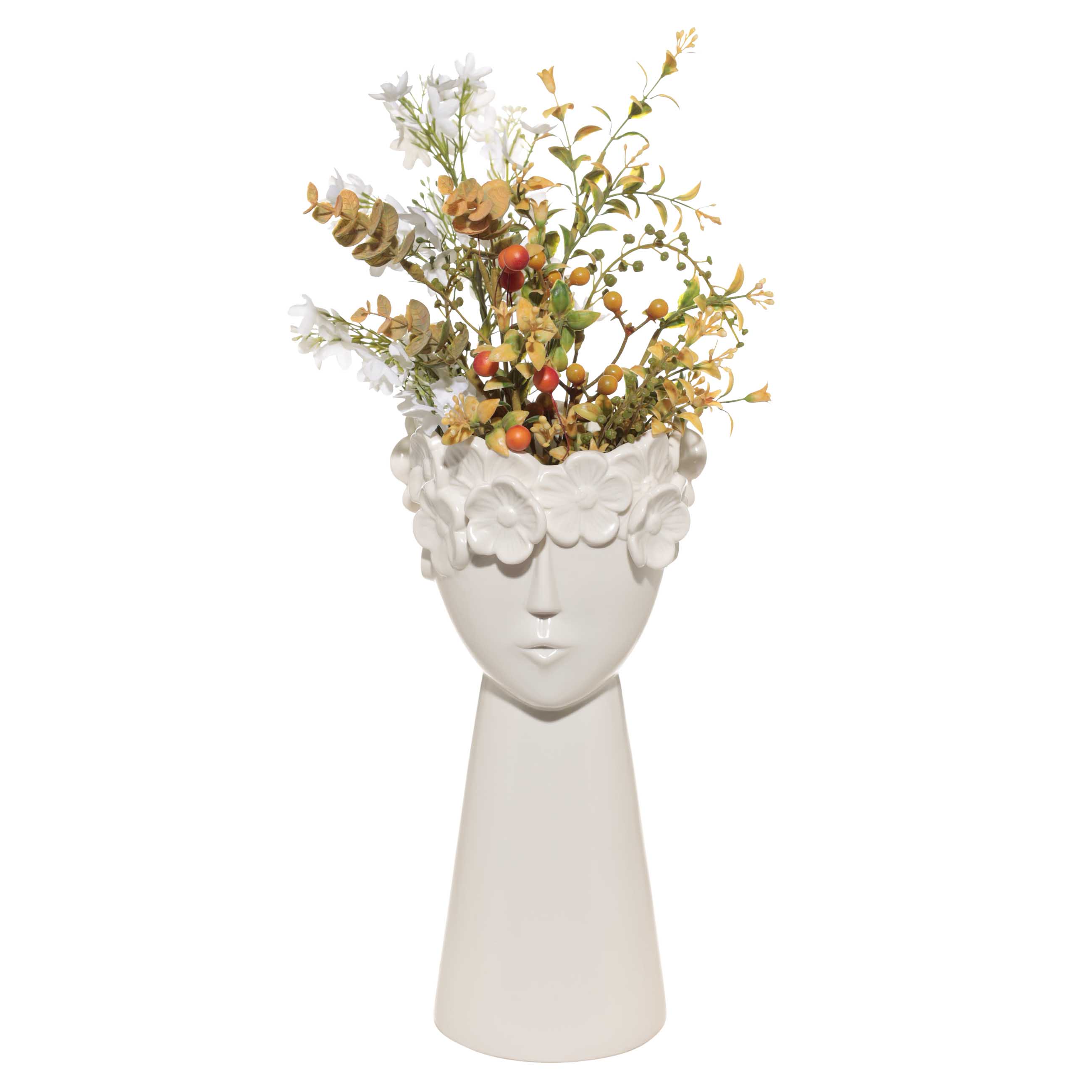 Ваза для цветов, 30 см, декоративная, керамика, молочная, Лицо в цветах, Face flowers