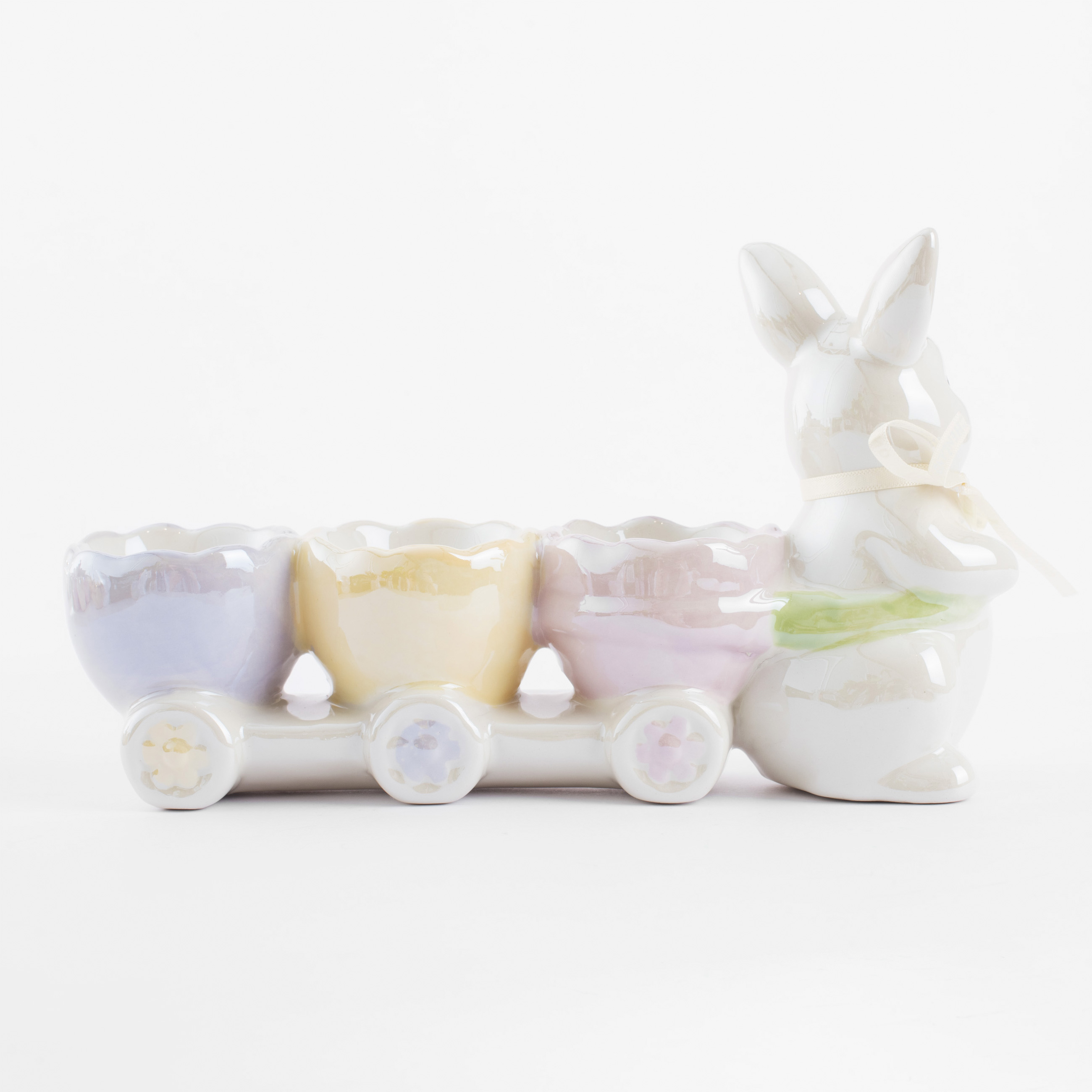 Подставка для яйца, 22х13 см, 3 отд, керамика, перламутр, Кролик с тележкой, Easter