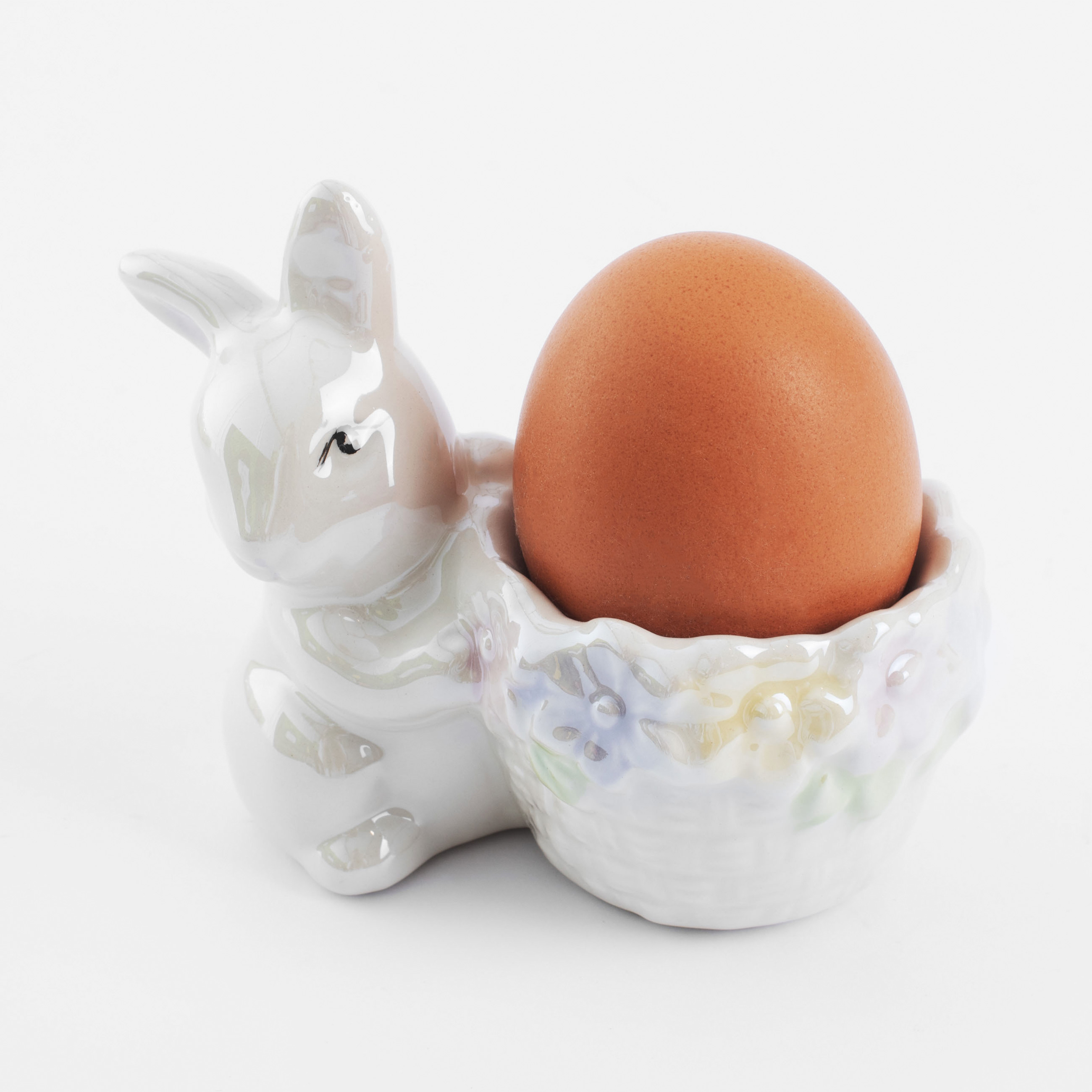 Подставка для яйца, 8 см, керамика, перламутр, Кролик с корзиной в цветах, Easter изображение № 6
