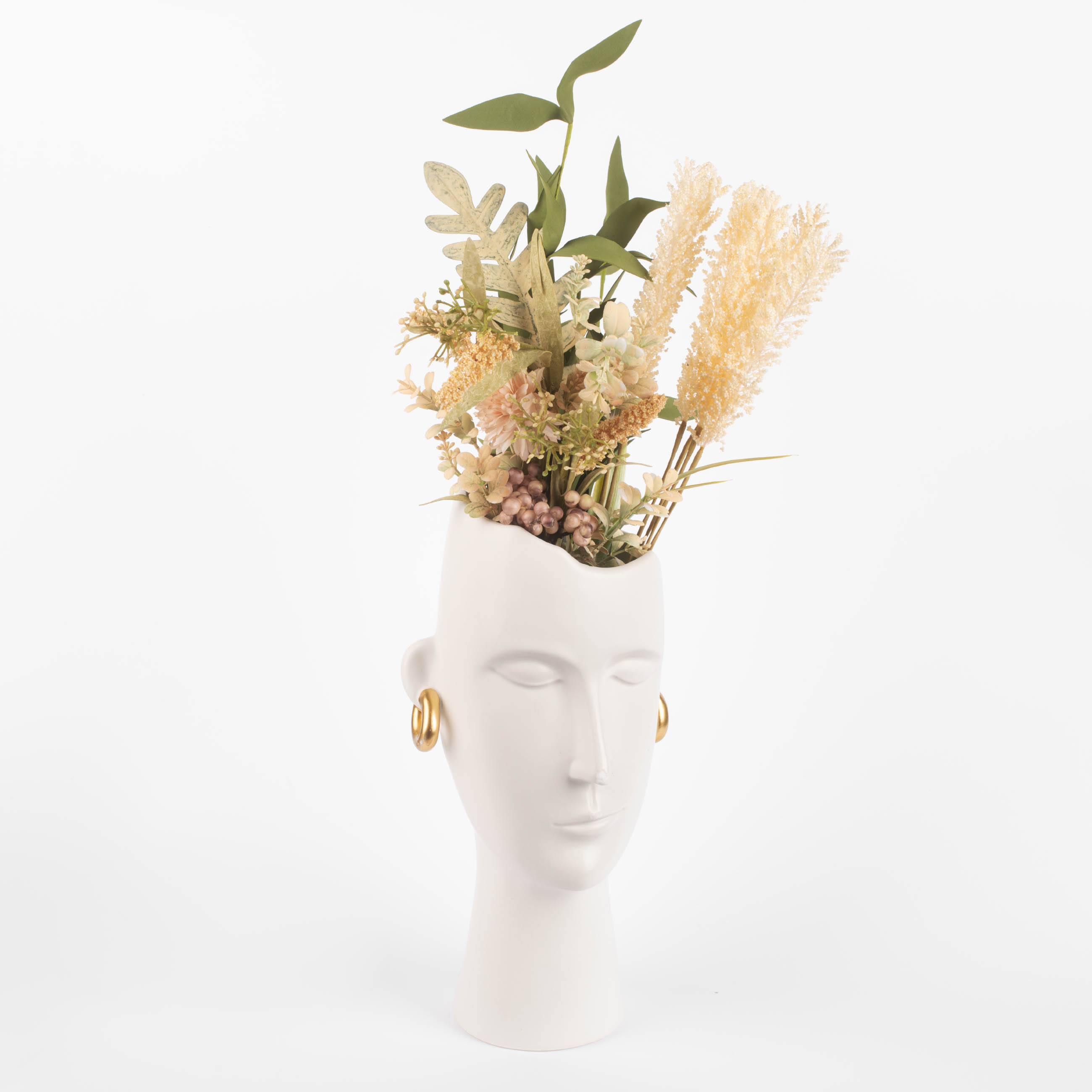 Ваза для цветов, 33 см, декоративная, керамика, белая, Девушка в золотистых сережках, Face