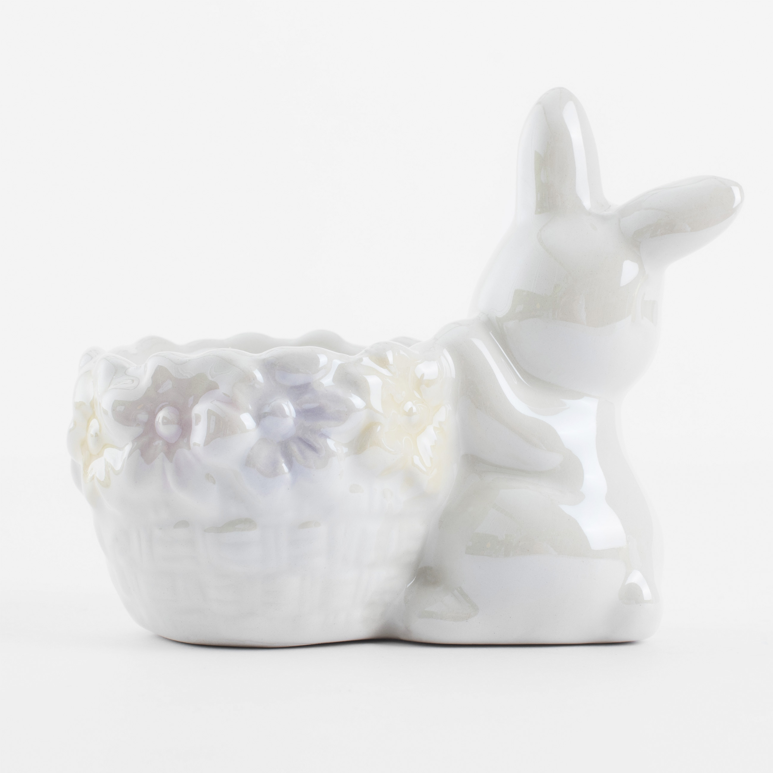 Подставка для яйца, 8 см, керамика, перламутр, Кролик с корзиной в цветах, Easter изображение № 4