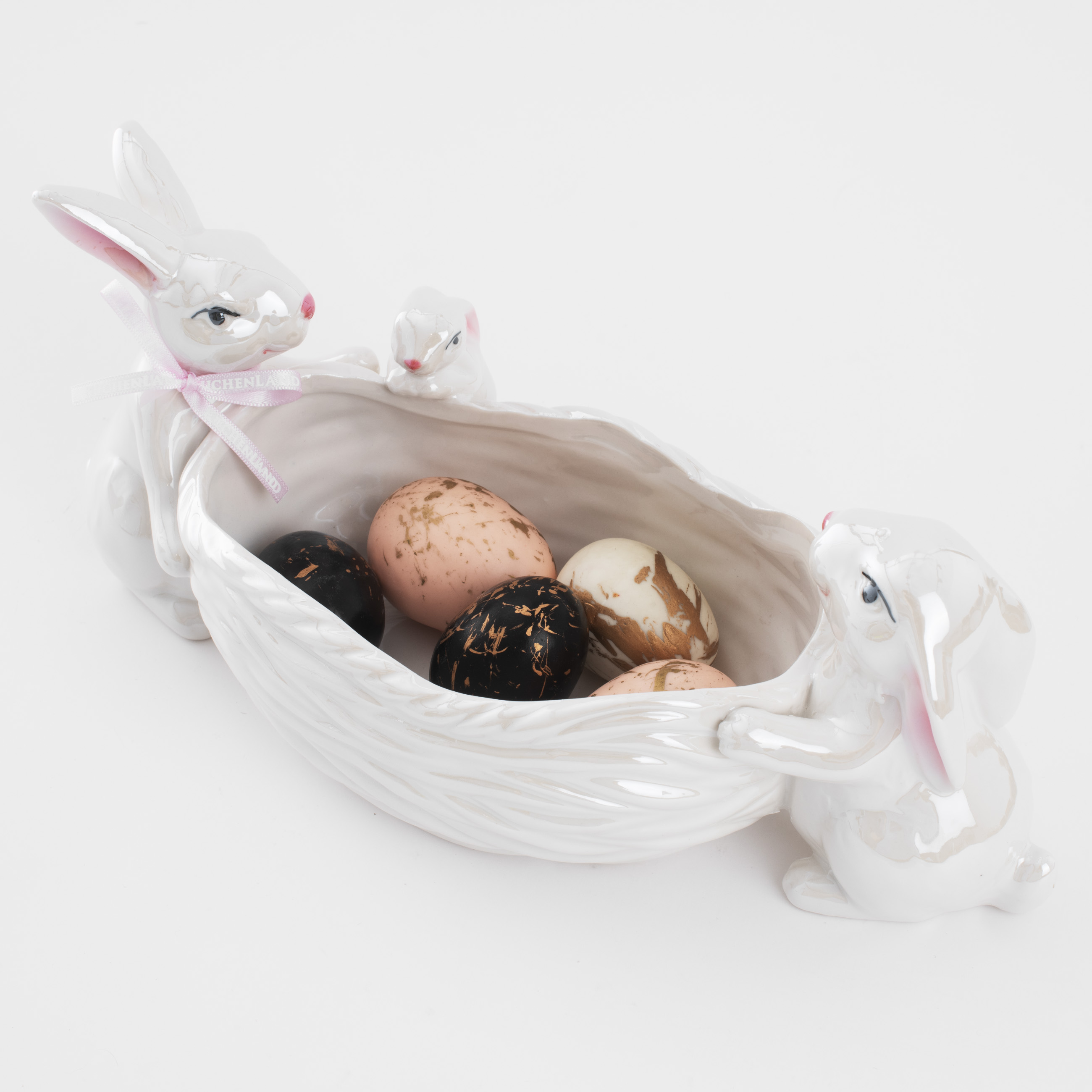 Конфетница, 29х13 см, фарфор P, белая, перламутр, Три кролика у корзины, Easter