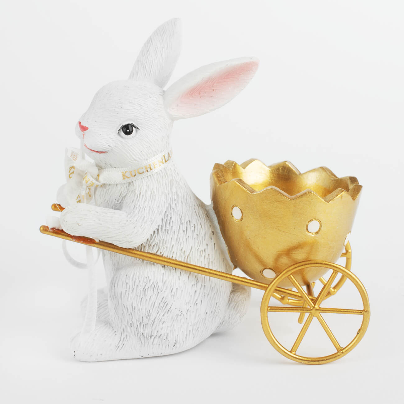 Подставка для яйца, 12 см, полирезин, бело-золотистая, Кролик с тележкой, Easter gold изображение № 1