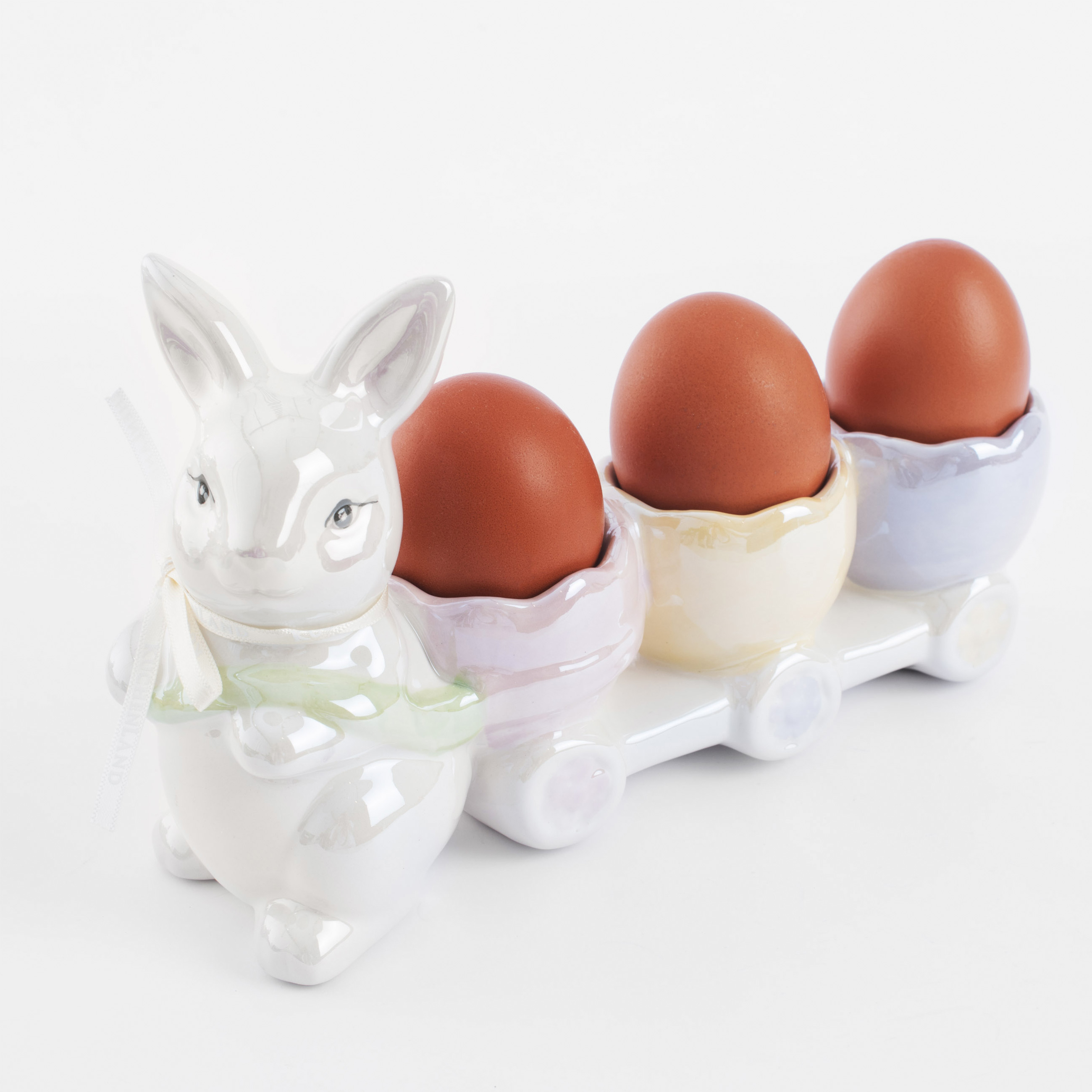 Подставка для яйца, 22х13 см, 3 отд, керамика, перламутр, Кролик с тележкой, Easter
