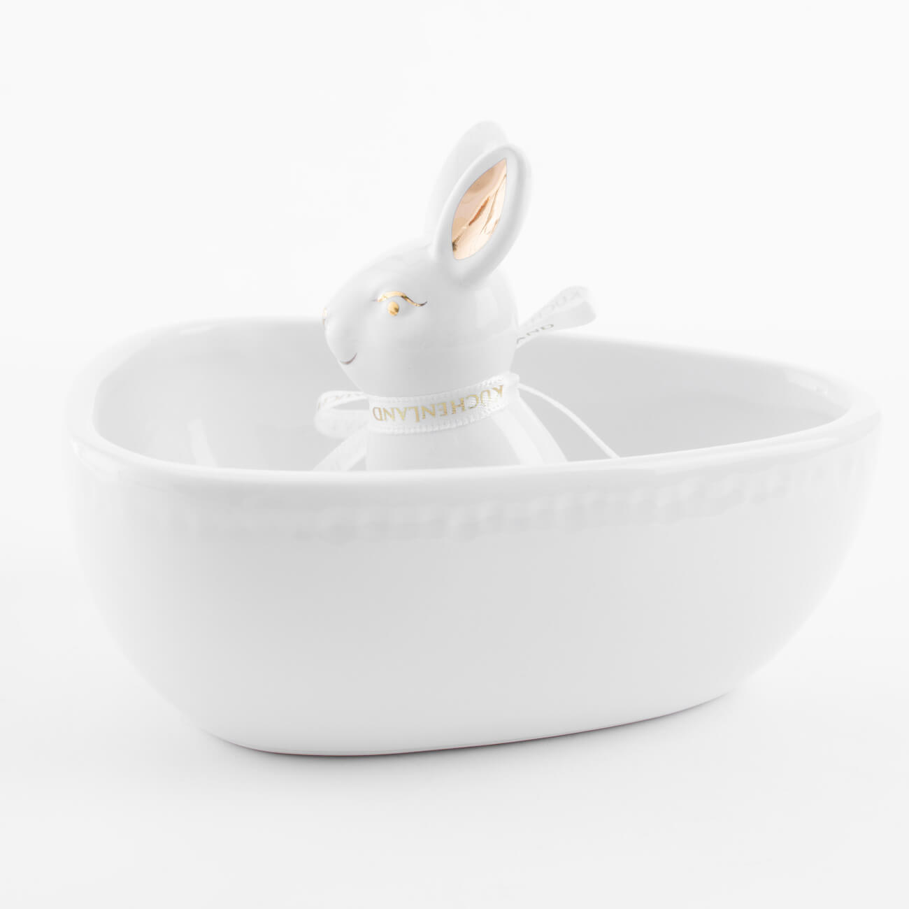 Конфетница, 13х13 см, керамика, бело-золотистая, Кролик внутри, Easter gold изображение № 1
