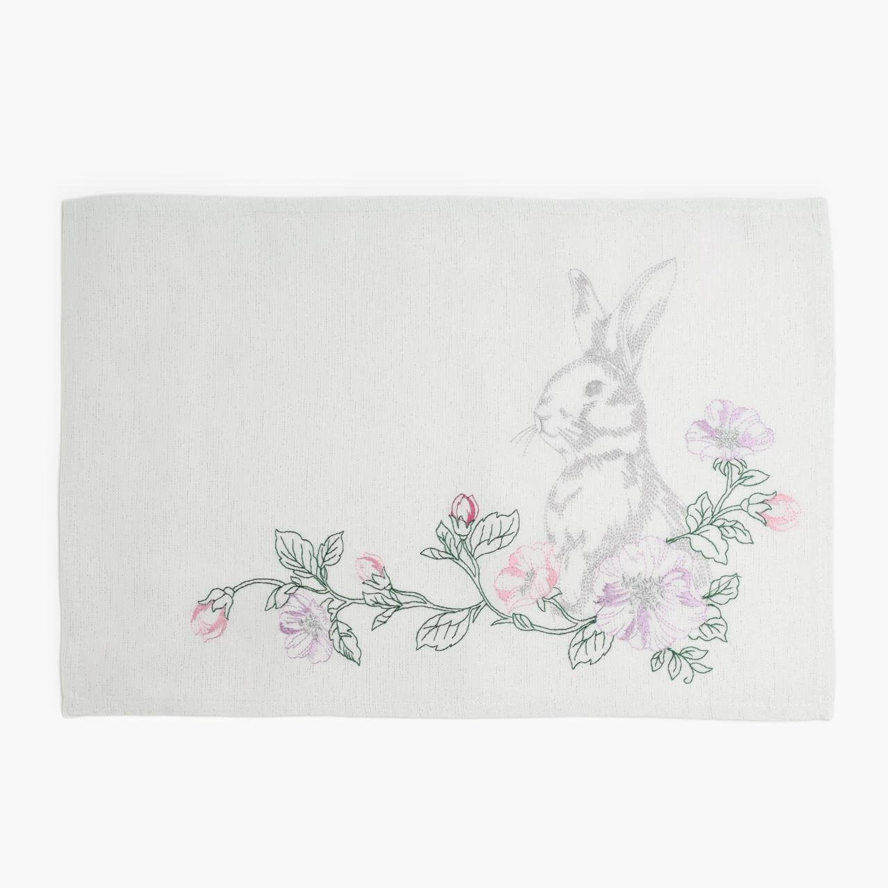 Салфетка под приборы, 30x45 см, полиэстер, прямоугольная, белая, Кролик в цветах, Pure Easter изображение № 1
