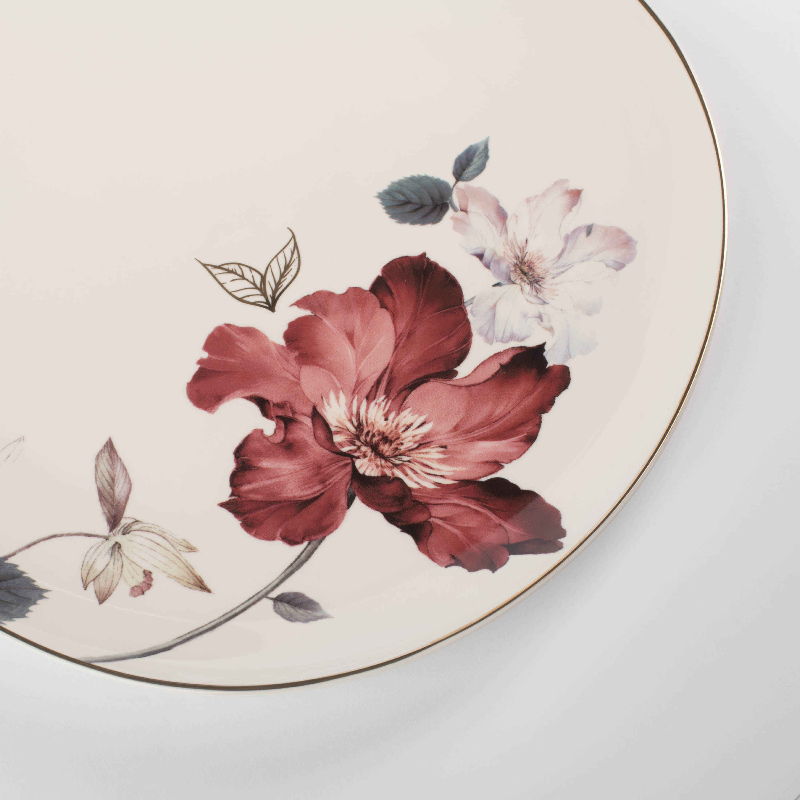 Тарелка обеденная, 28 см, фарфор N, белая, с золотистым кантом, Цветок и листья, Noir