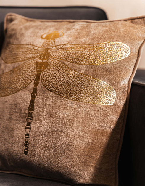 Подушка декоративная, 45х45 см, шенилл/вельвет, бежевая, Стрекоза, Dragonfly