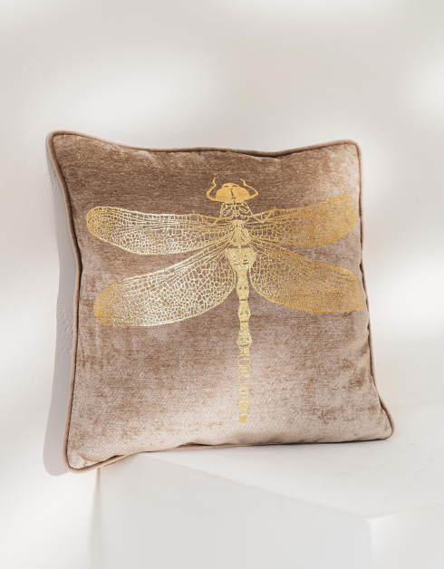 Подушка декоративная, 45х45 см, шенилл/вельвет, бежевая, Стрекоза, Dragonfly
