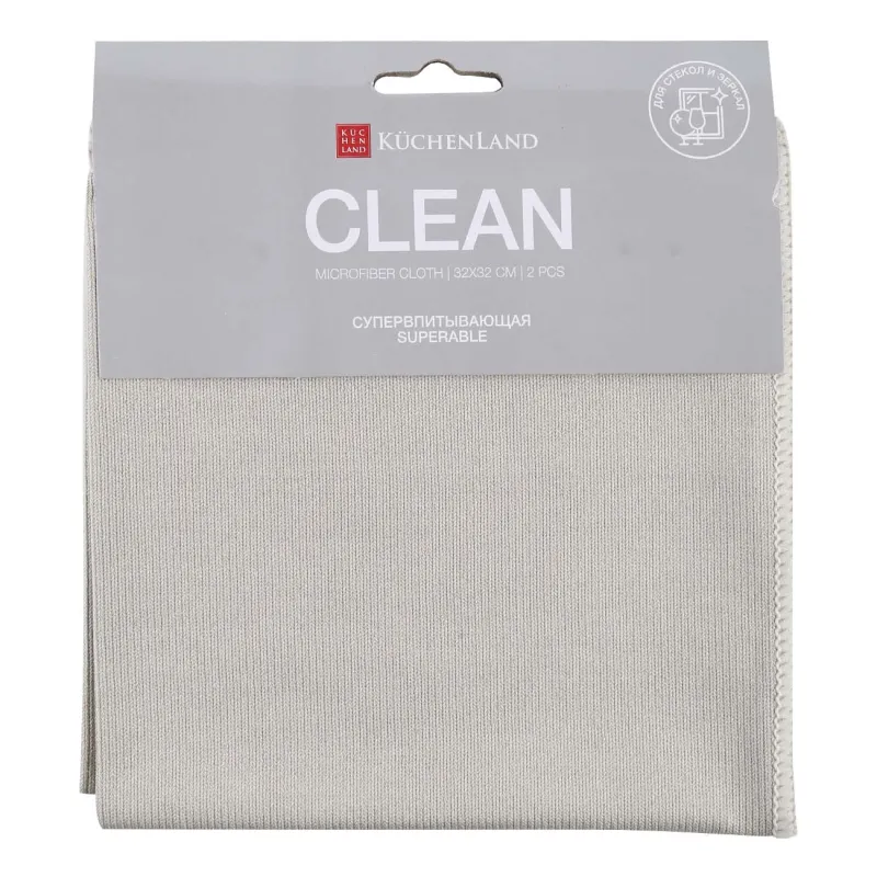 Тряпка для стекла/пластика/зеркал, 32х32 см, 2 шт, микрофибра, серая, Clean, image-0