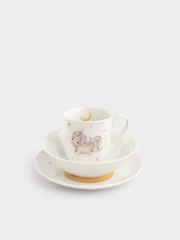 Набор посуды, детский, 1 перс, 3 пр, фарфор N, белый, Единорог и месяц, Unicorn, image-2