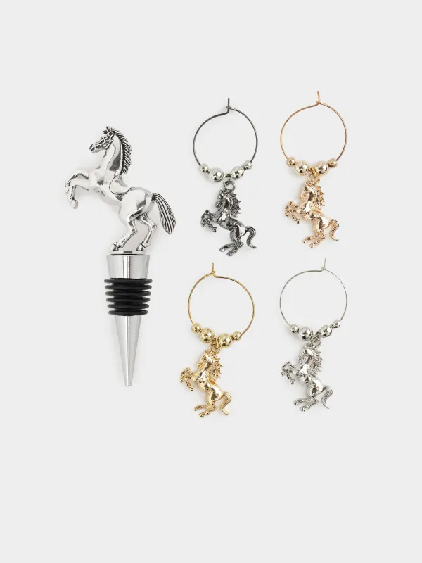 Пробка для винной бутылки с подвесками, 5 пр, металл/бусины, Конь, Horse silver, image-0