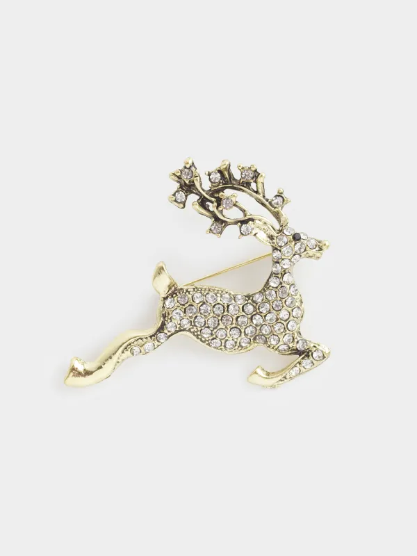 Брошь, 5 см, металл/стразы, золотистая, Олень, Jewelry crystal, image-0