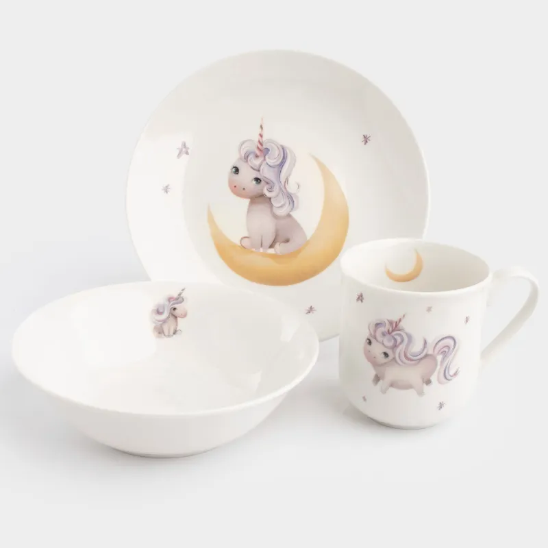 Набор посуды, детский, 1 перс, 3 пр, фарфор N, белый, Единорог и месяц, Unicorn, image-0