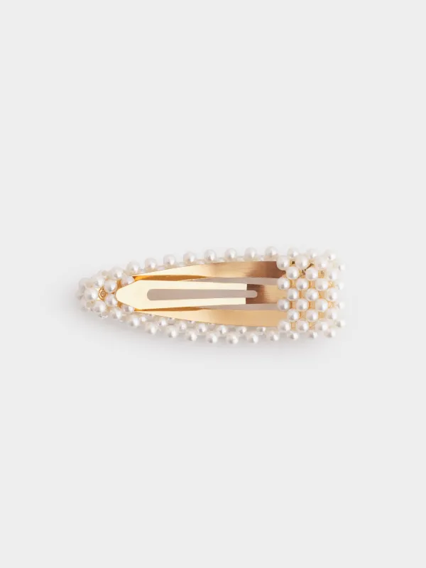 Заколка для волос, 8 см, пластик/металл, молочная, Бусины, Pearl, image-1