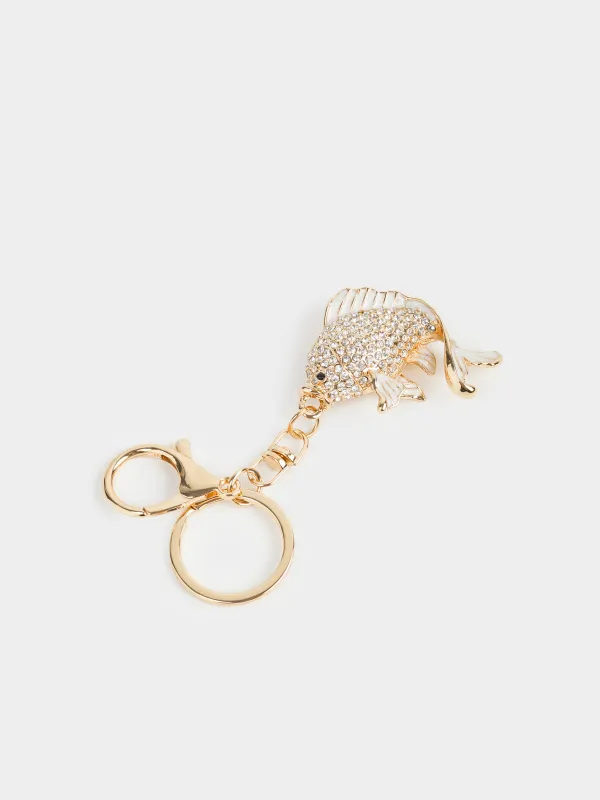 Брелок, 12 см, металл/стразы, золотистый, Рыбка, Keychain crystal, image-1