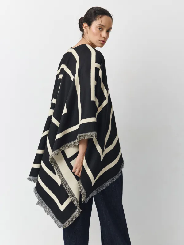 Пончо с бахромой, двустороннее, молочно-черное, Poncho, image-3