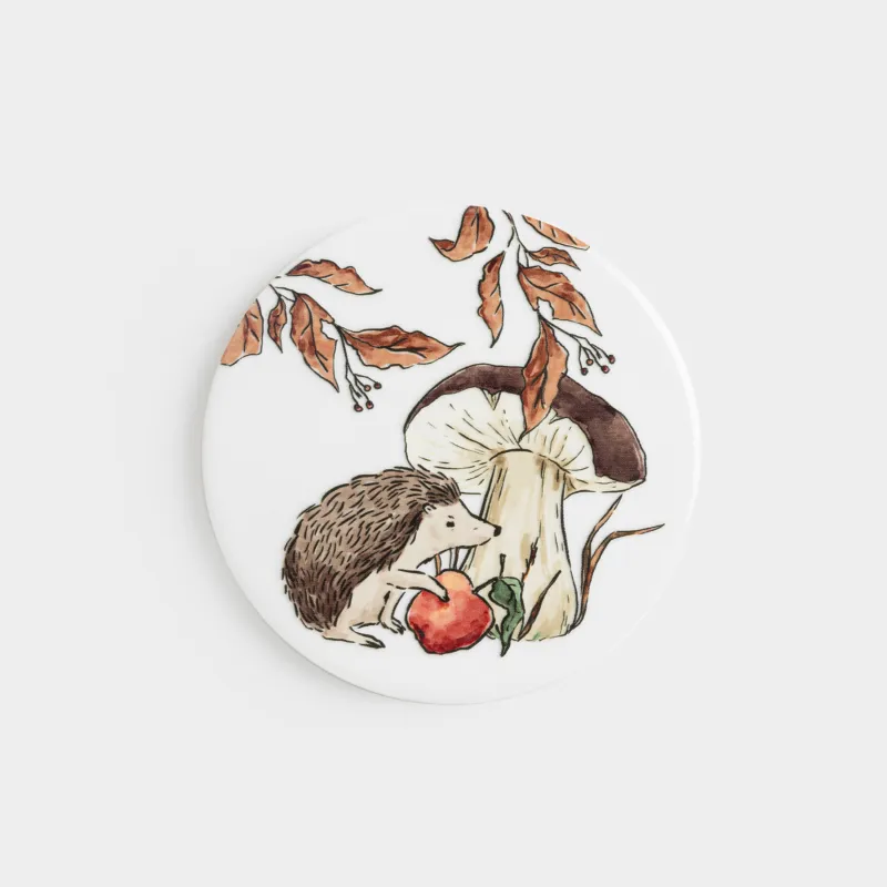 Подставка под кружку, 11 см, круглая, керамика D/пробка, белая, Еж и гриб, Forest hedgehog