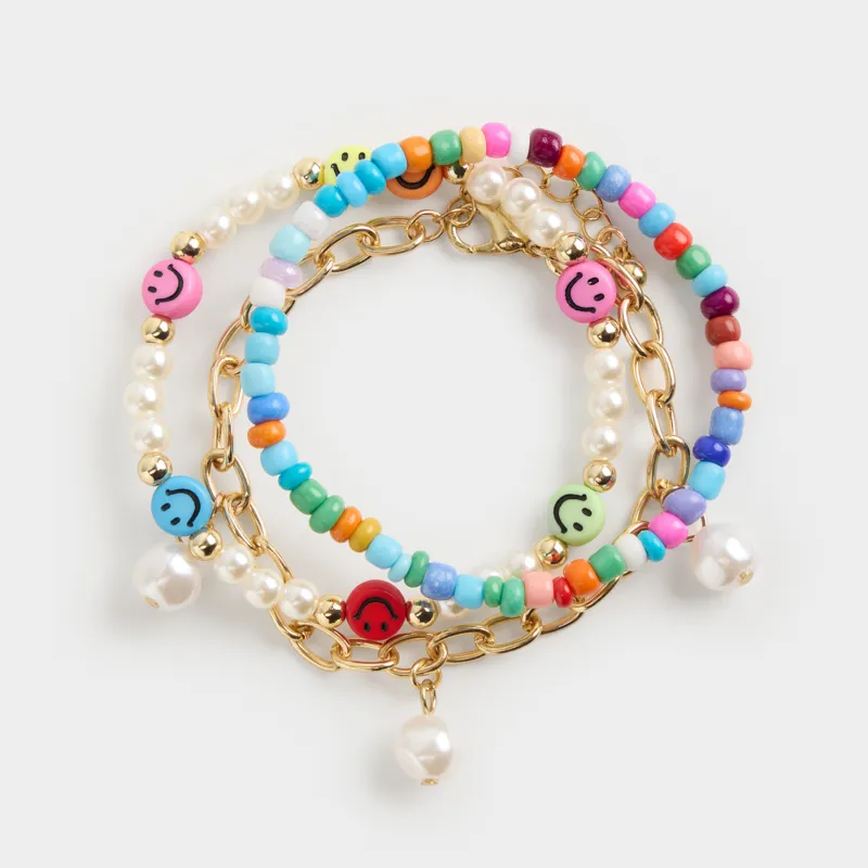 Браслет, 18/20 см, 3 шт, пластик/металл, микс, Смайлы и жемчуг, Pearl color
