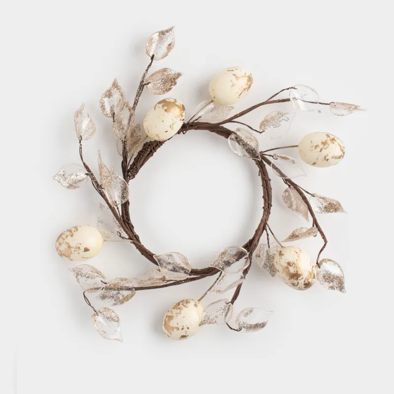 Венок декоративный, 18 см, Золотистые листья и яйца, Rustic Easter decor