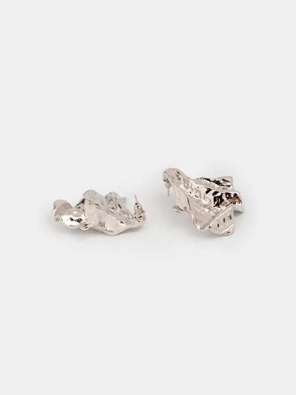 Серьги-пусеты, 5 см, 2 шт, металл, серебристые, Мятый эффект, Jewelry, image-3