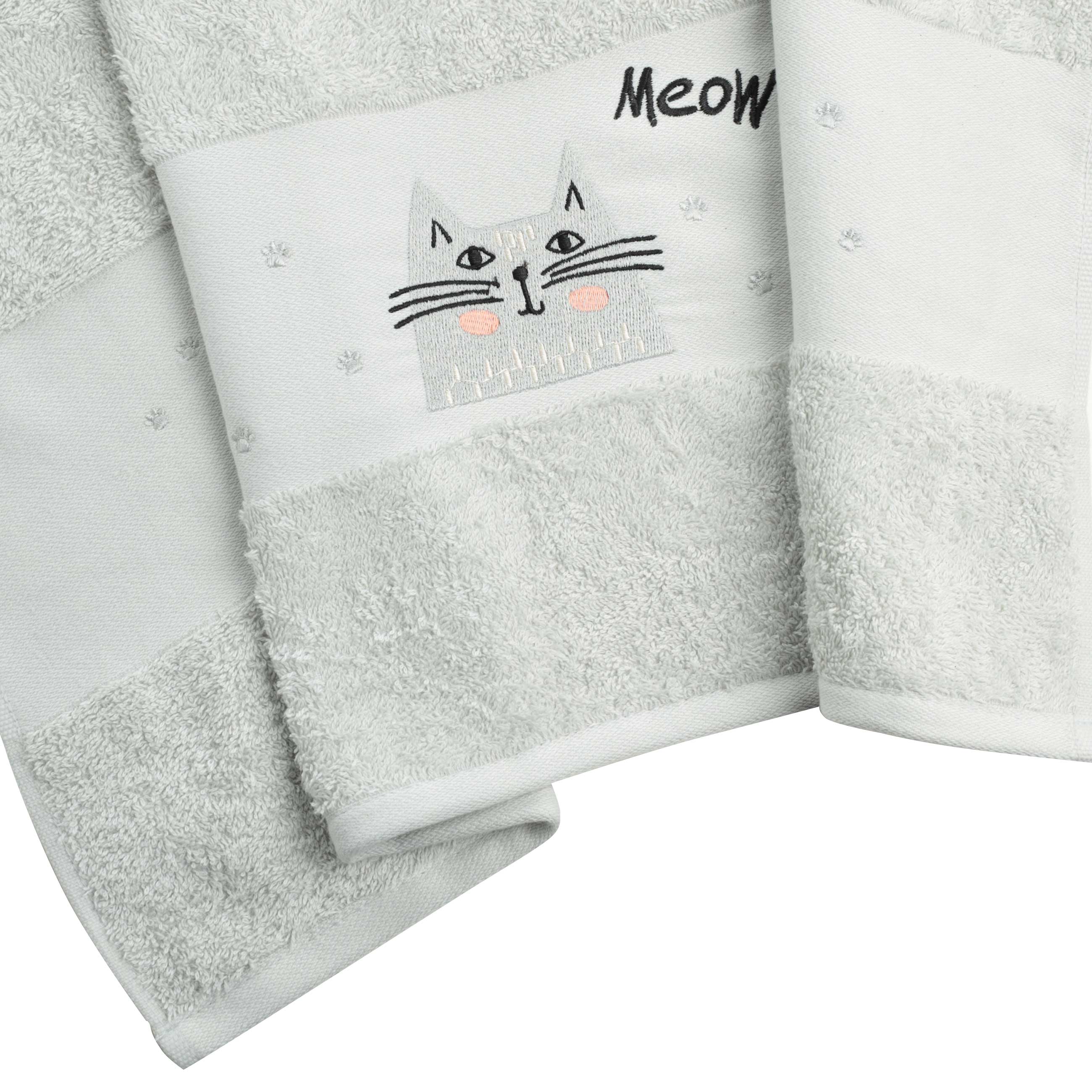 Полотенце детское, 70х120 см, хлопок, светло-серое, Кот, Grey cat, image-1