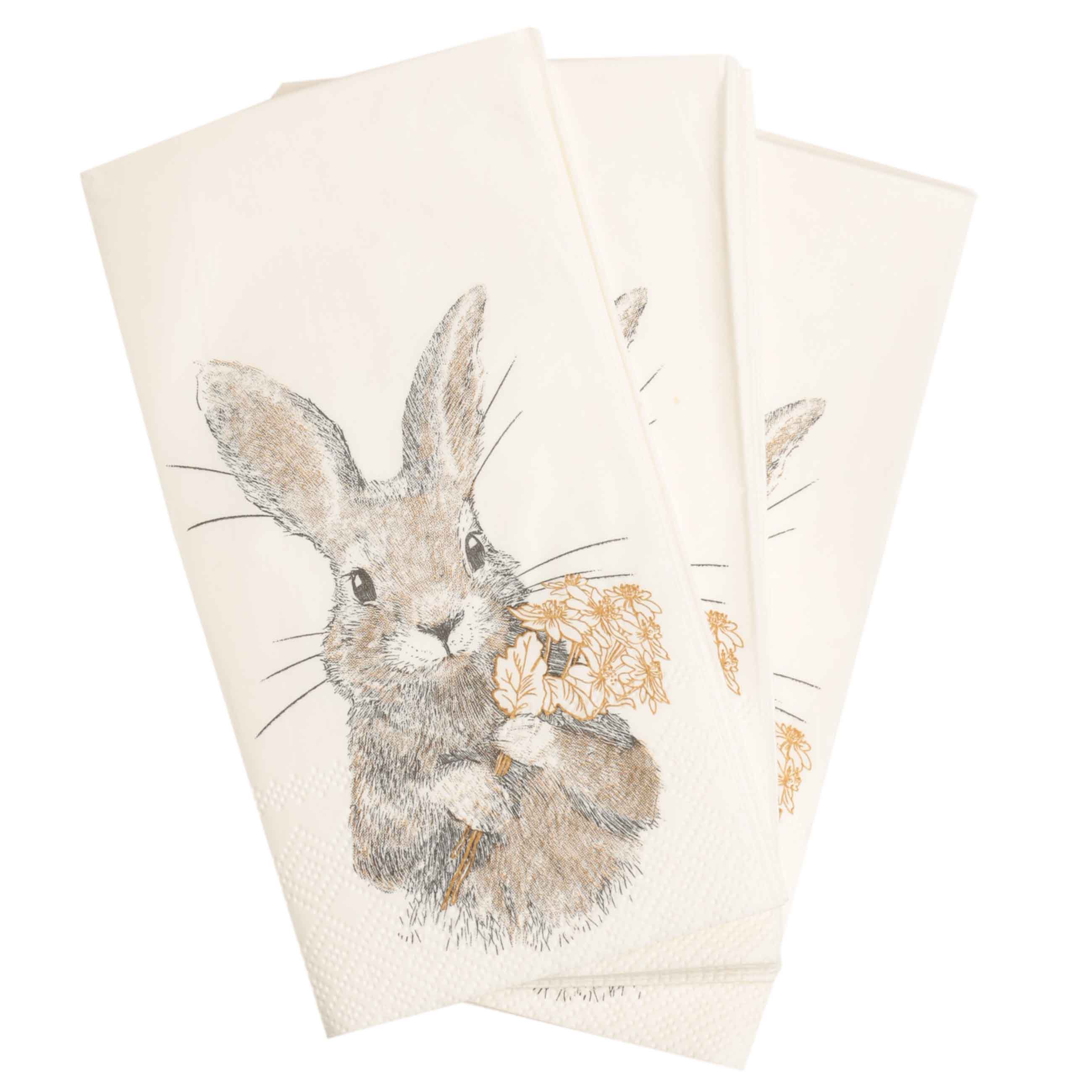 Салфетки бумажные, 33х33 см, 20 шт, прямоугольные, белые, Кролик с цветами, Easter gold изображение № 2