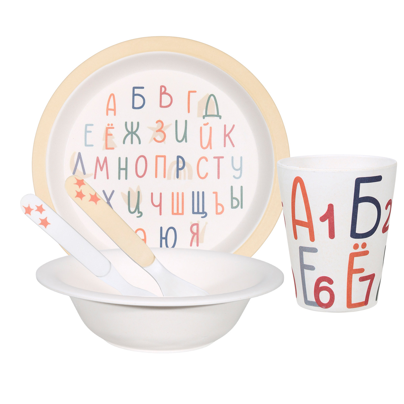 

Набор посуды, детский, 5 пр, бамбук, бежевый, Алфавит, Alphabet