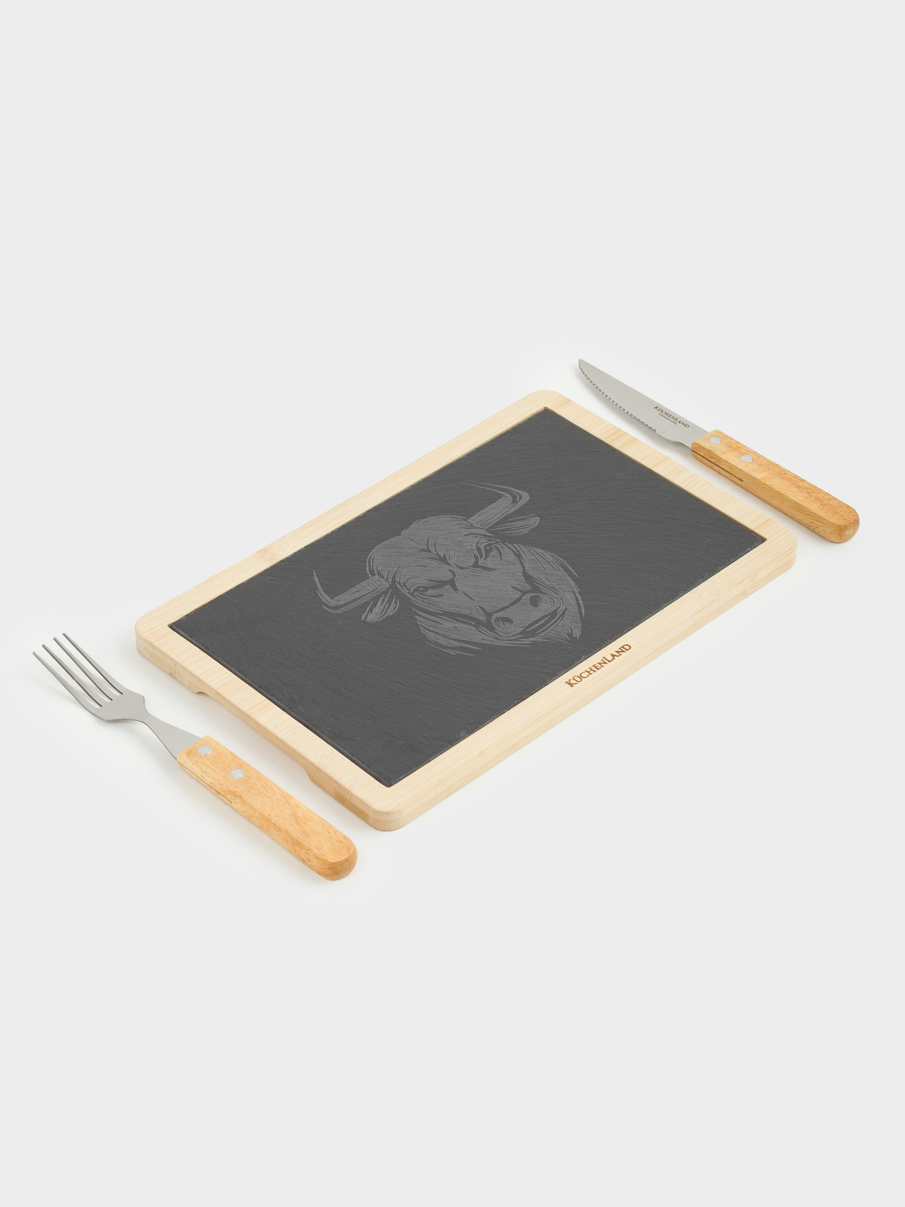 Набор для подачи стейка, 1 перс, 3 пр, сталь/сланец/бамбук, Бык, BBQ, image-2