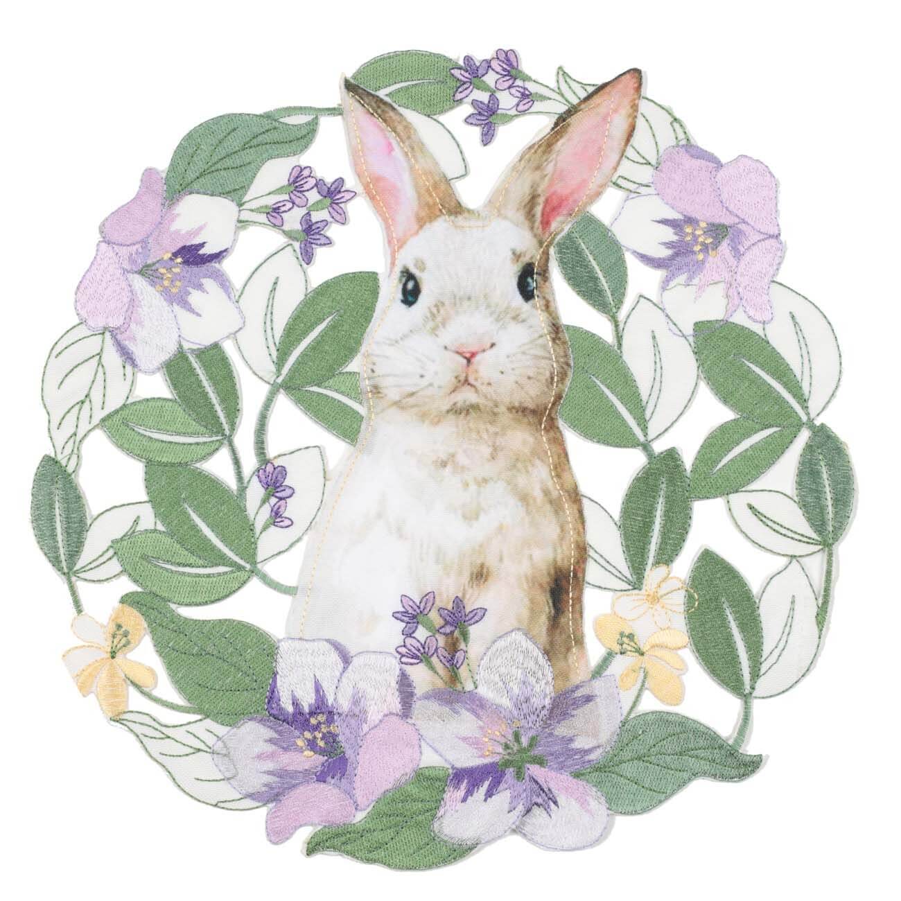 Салфетка под приборы, 30x30 cм, полиэстер, круглая, Кролик в цветах, Easter - фото 1