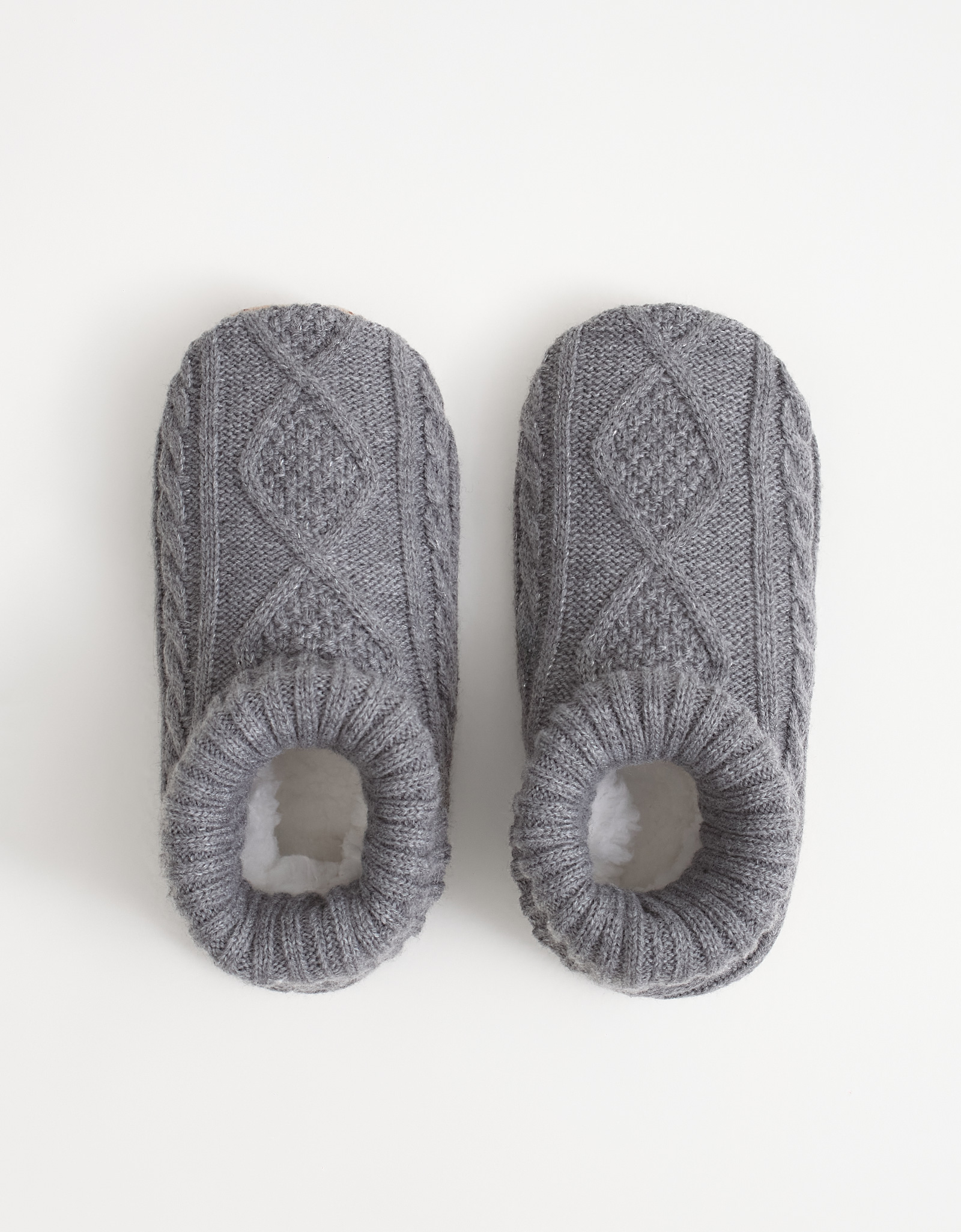 Тапочки-носки женские, домашние, акрил/шерпа, серые, Косы, Knitted soft, image-1