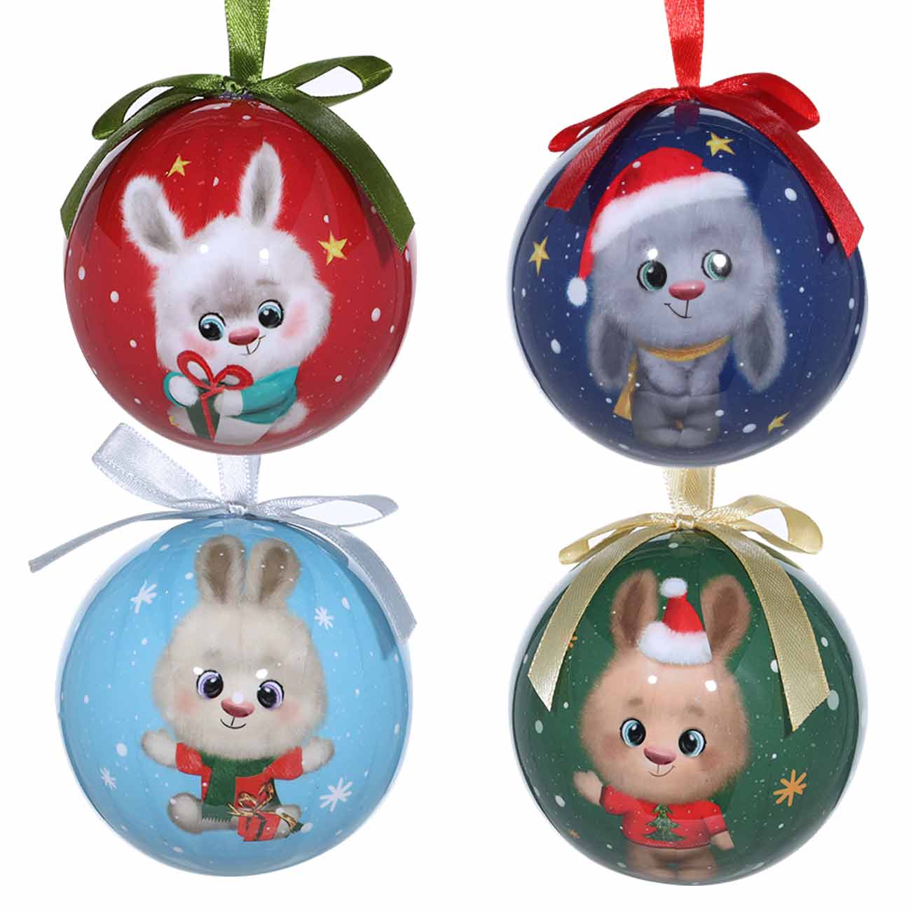 

Игрушка елочная, 7,5 см, 4 шт, пенопласт, шар, Кролики на разноцветном, Rabbit