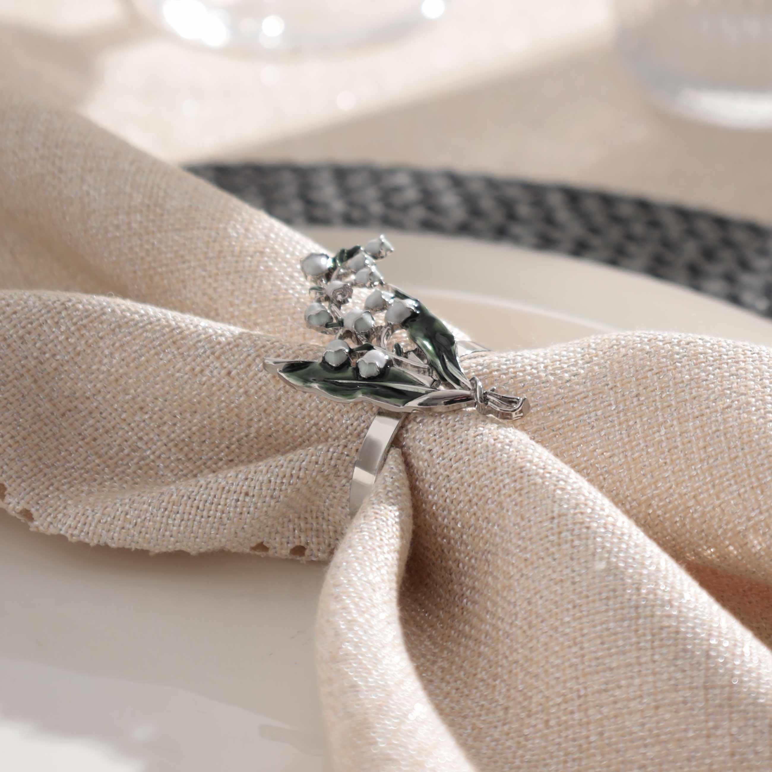 Кольцо для салфеток, 5 см, металл, зелено-серебристое, Ландыш с листьями, May-lily изображение № 3