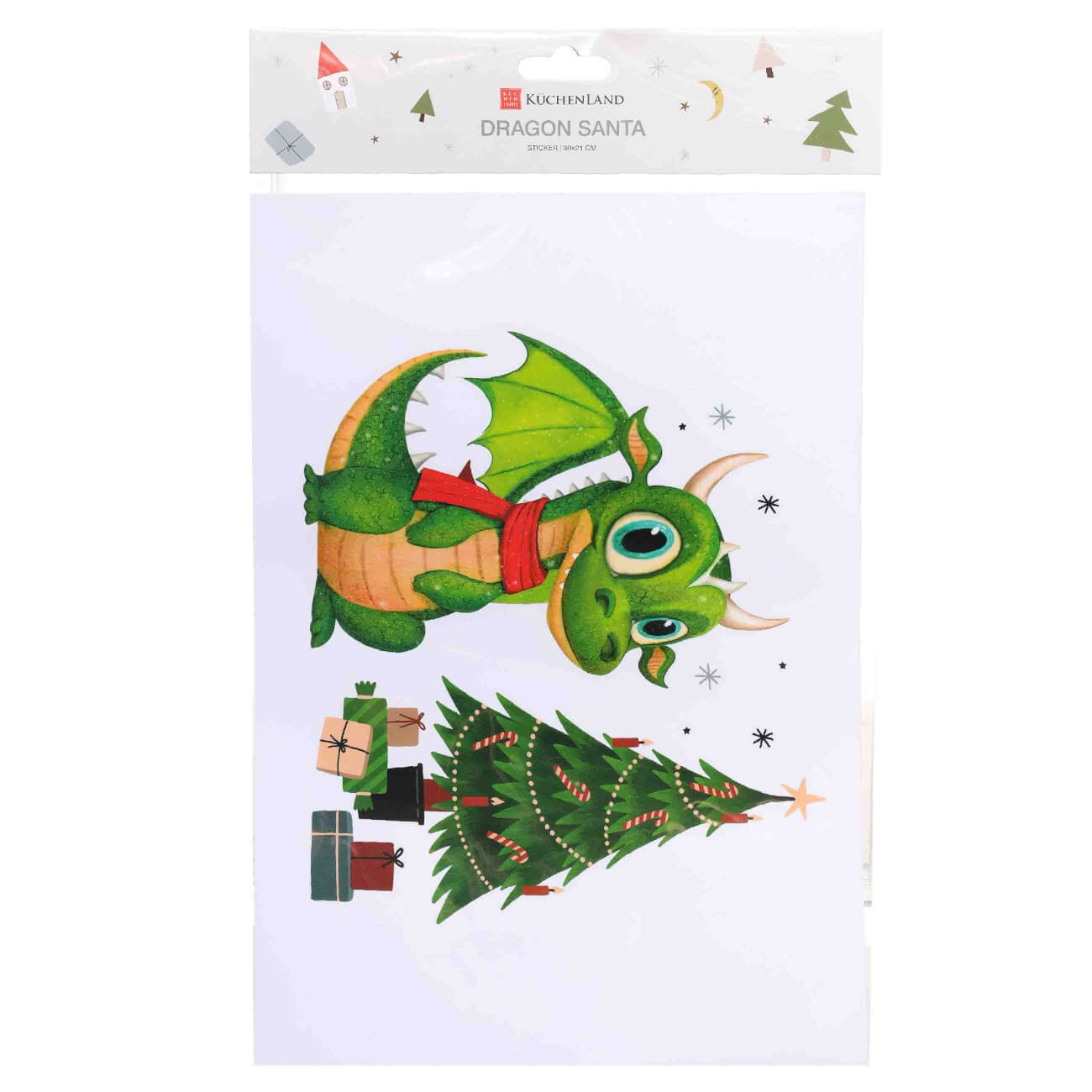 

Наклейка, 30х21 см, одноразовая, ПВХ, Дракон с елкой, Dragon santa