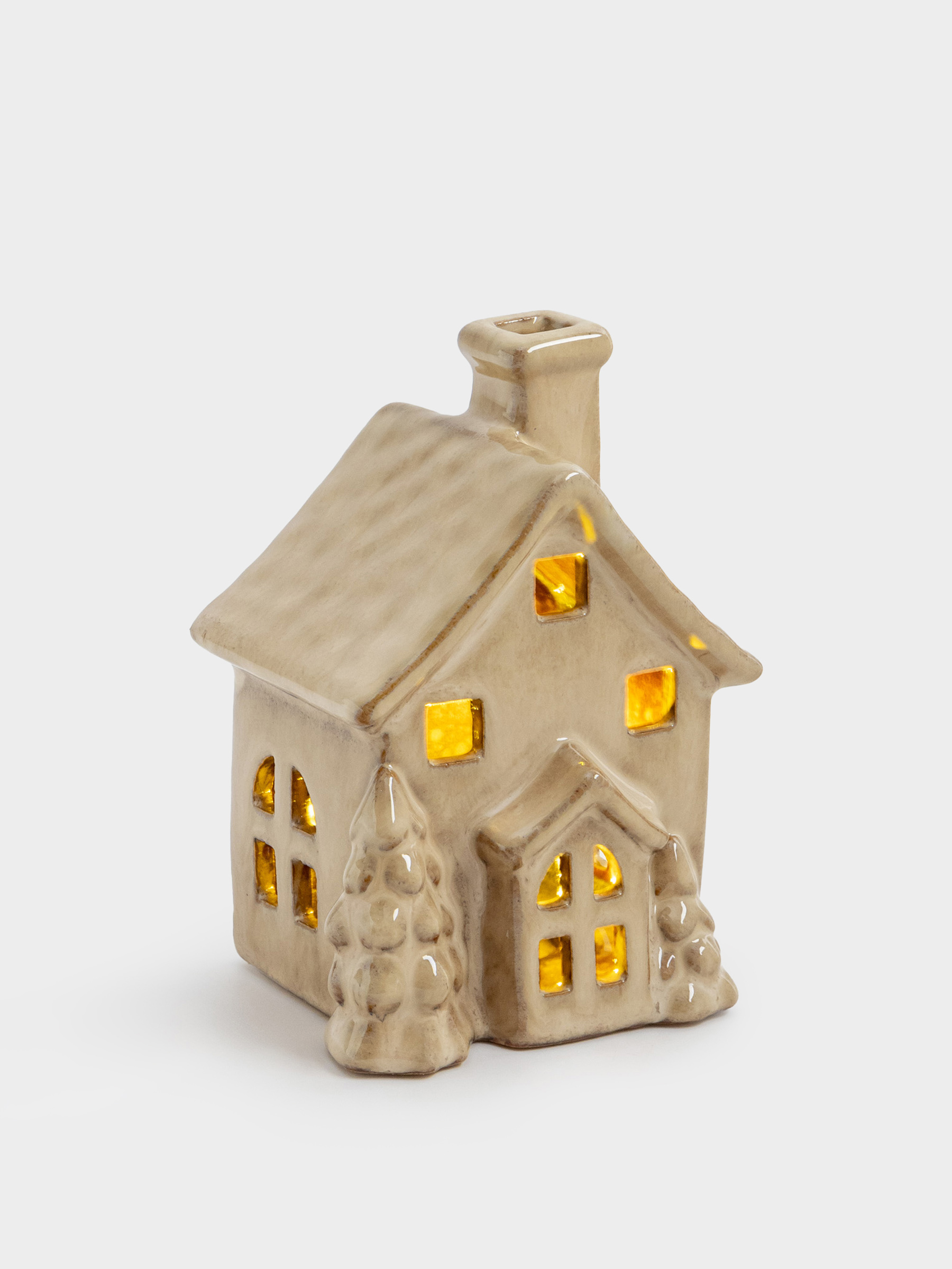 Статуэтка с подсветкой, 13 см, фарфор P, молочно-коричневая, Дом с елками, House shape, image-1