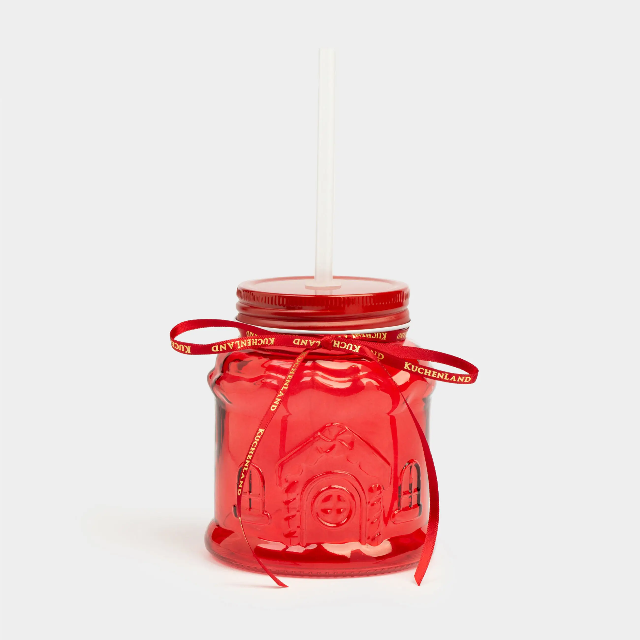 Банка для напитков, 600 мл, с крышкой и трубочкой, стекло, красная, Домик, Christmas house