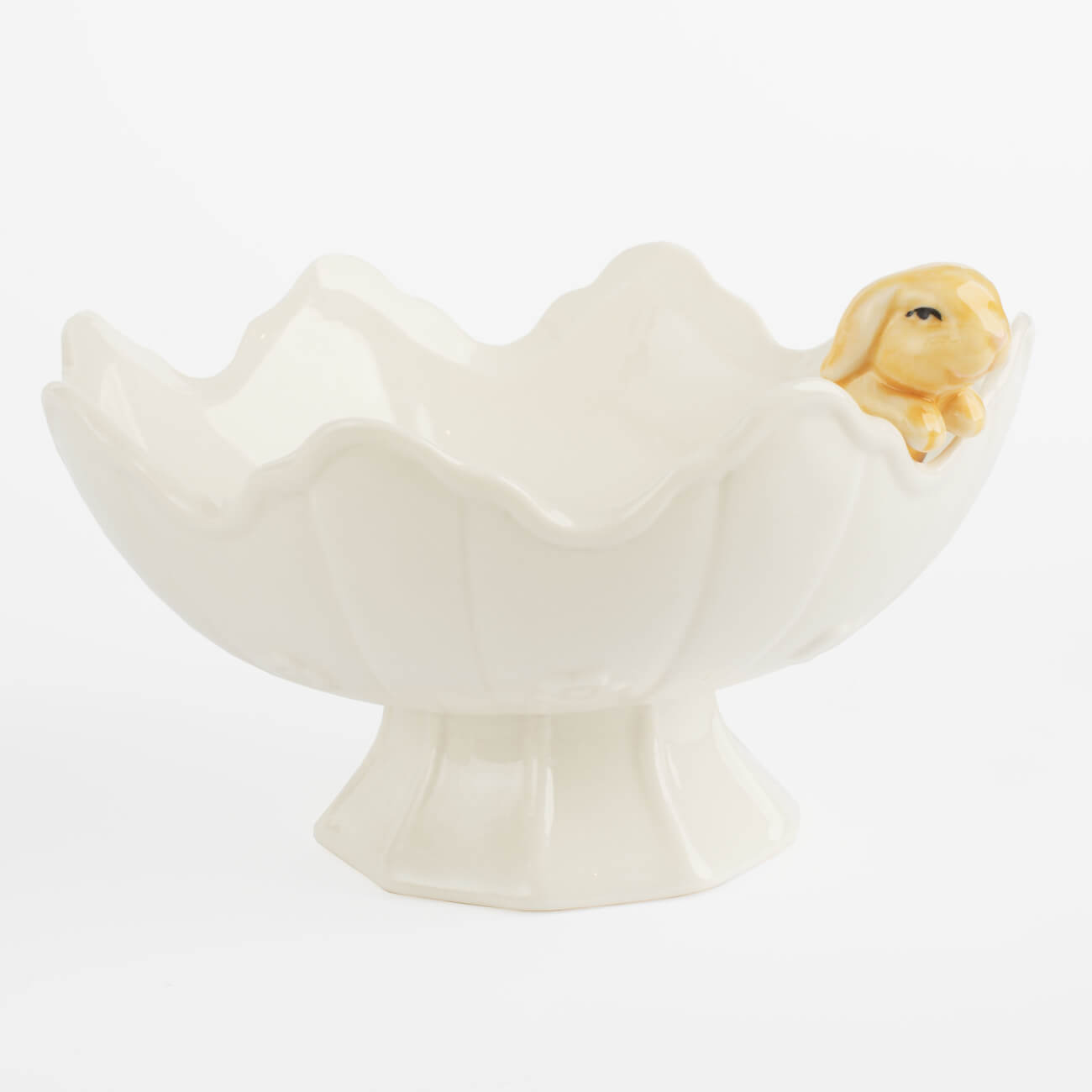 

Конфетница на ножке, 17х11 см, фарфор Porcelain, бело-бежевая, Крольчонок в вазе, Natural Easter
