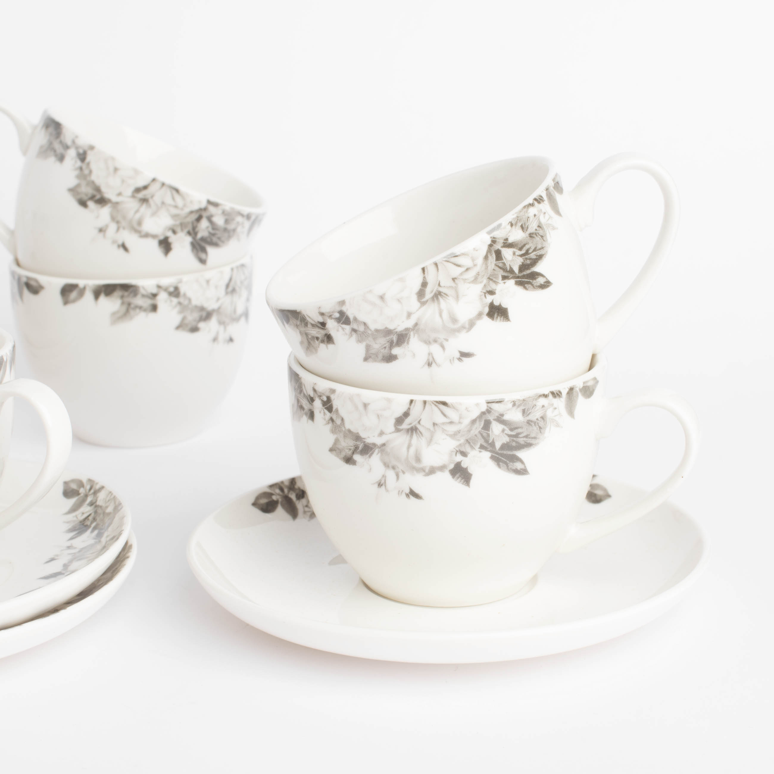 Пара чайная, 6 перс, 12 пр, 220 мл, фарфор N, белая, Черно-белые цветы, Magnolia изображение № 3
