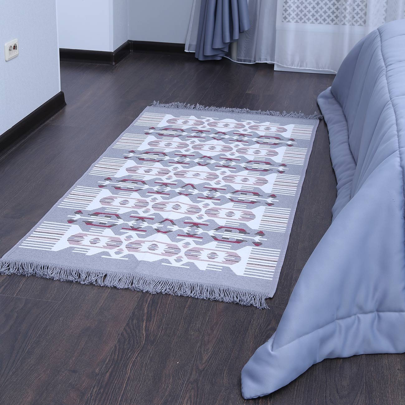 Коврик, 80х150 см, двусторонний, с бахромой, акрил, бело-серый, Узор, Carpet, image-2