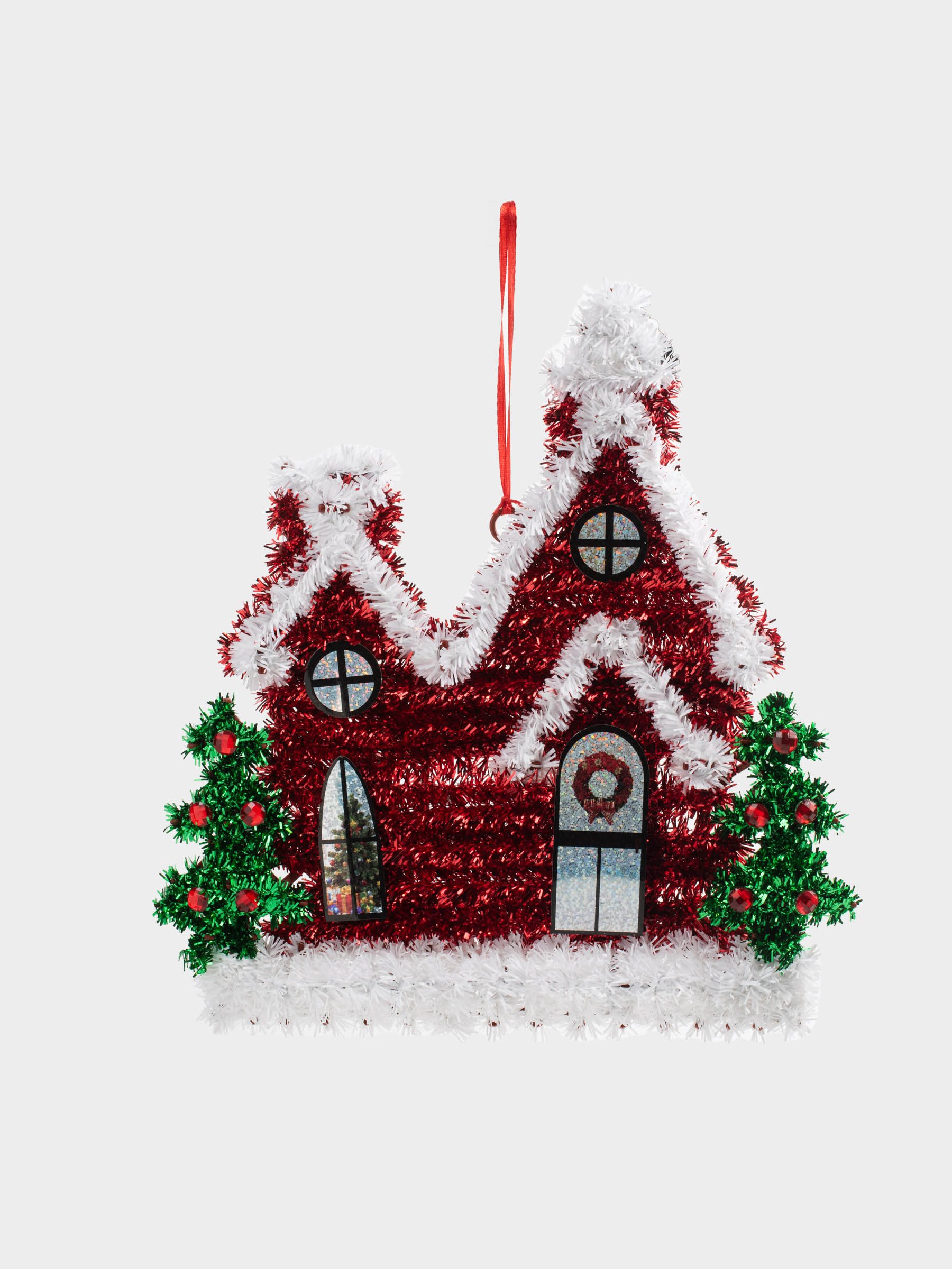 Украшение декоративное, 29 см, мишура/пластик, красное, Домик, Tinsel decor, image-1