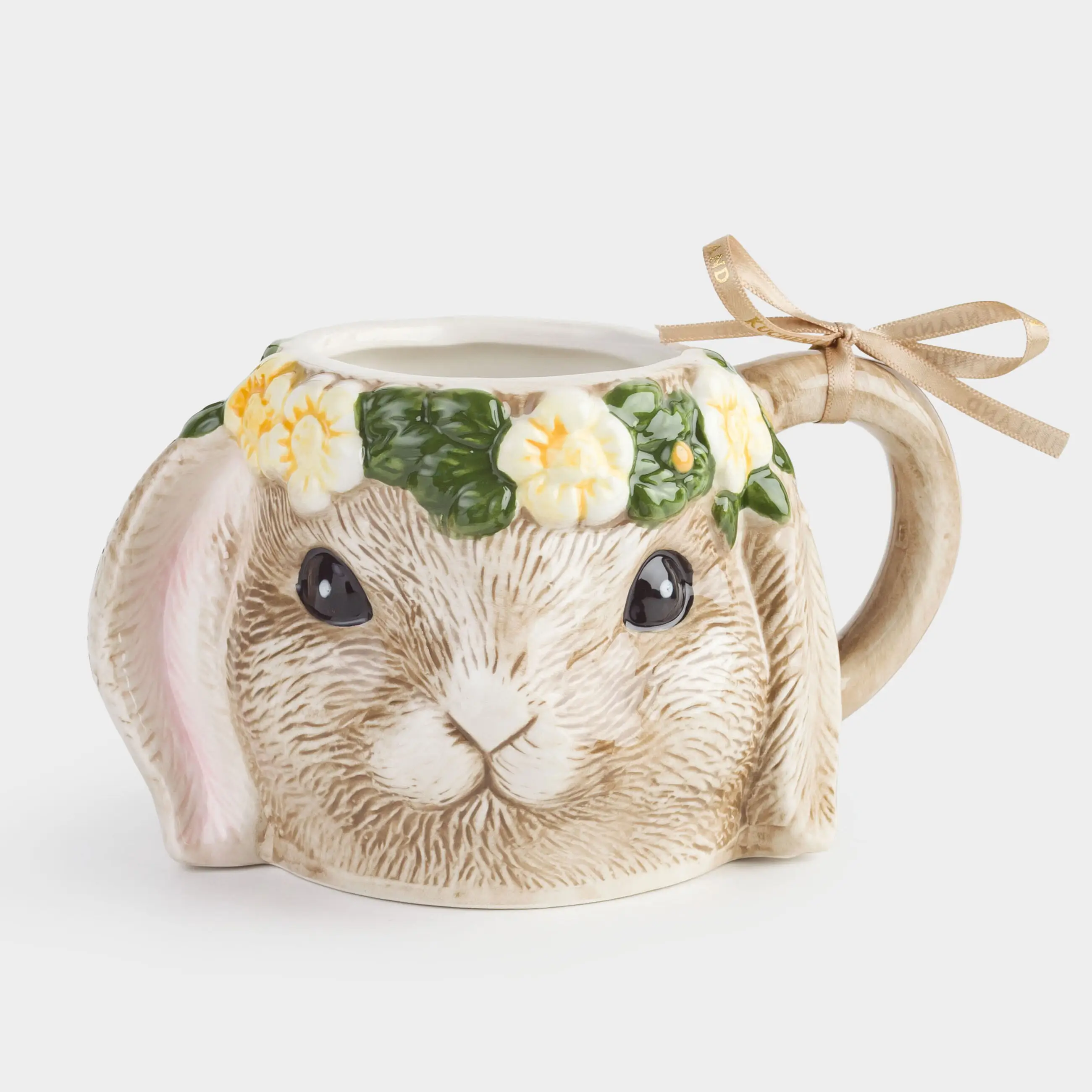 Кружка, 430 мл, керамика, коричневая, Кролик в цветочном венке, Natural Easter, image-0
