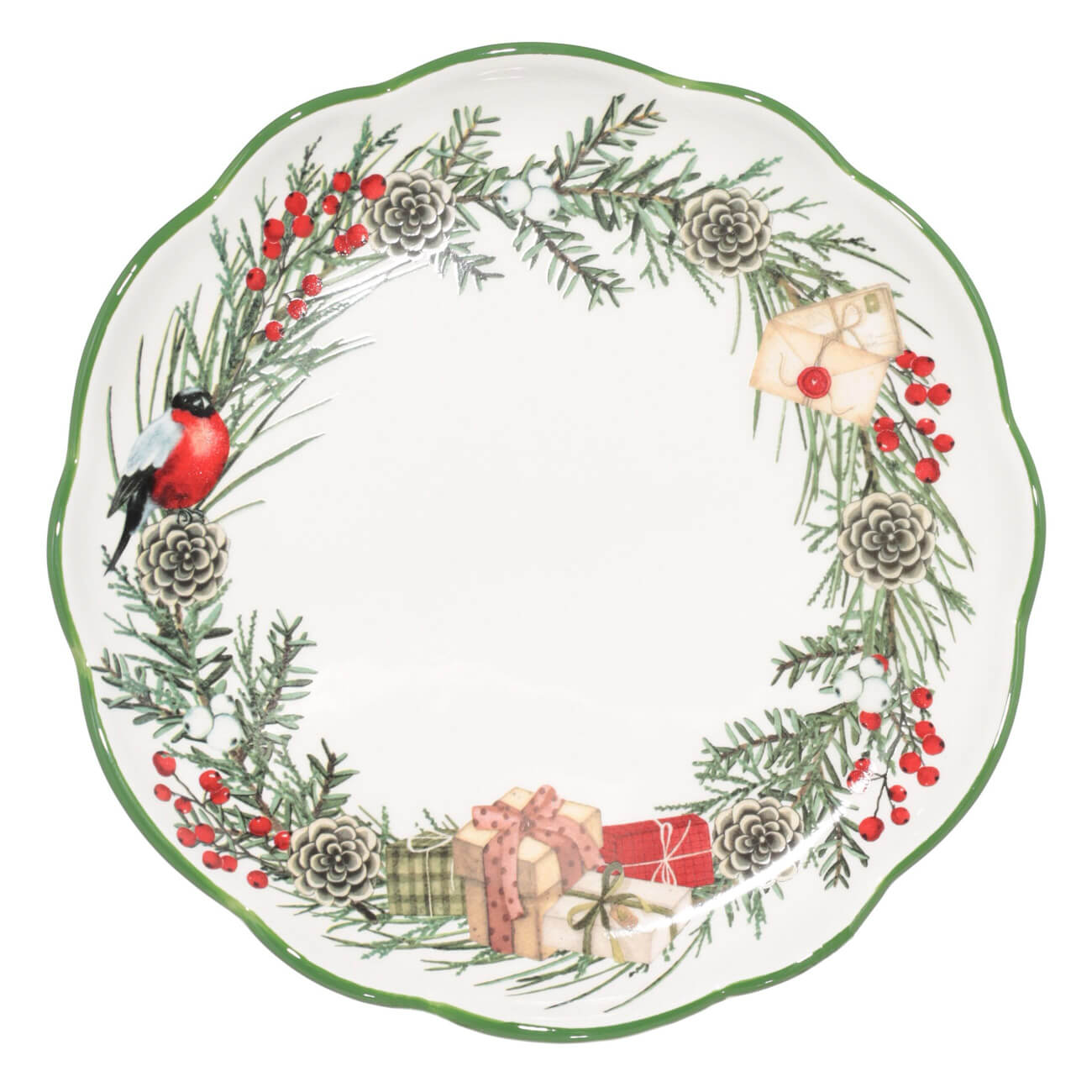 Тарелка обеденная, 25 см, керамика, Венок и снегирь, Christmas green