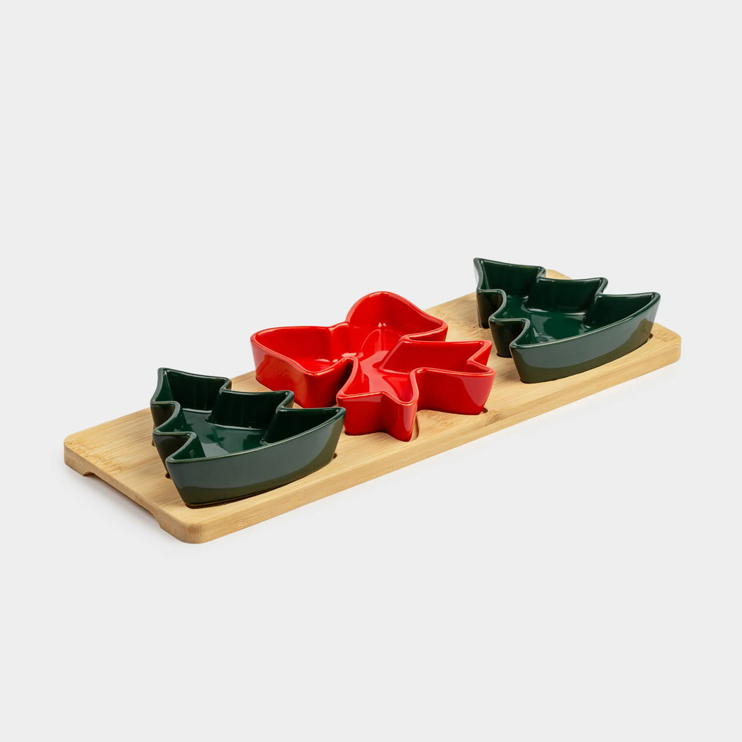 Набор для закусок, 3 пр, на подставке, фарфор P/бамбук, зеленый/красный, Ель и бант, Bamboo