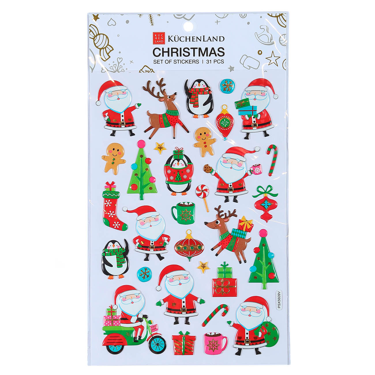 

Набор наклеек, 25х14 см, 31 шт, одноразовые, ПВХ/фольга, Веселые Санты, Christmas