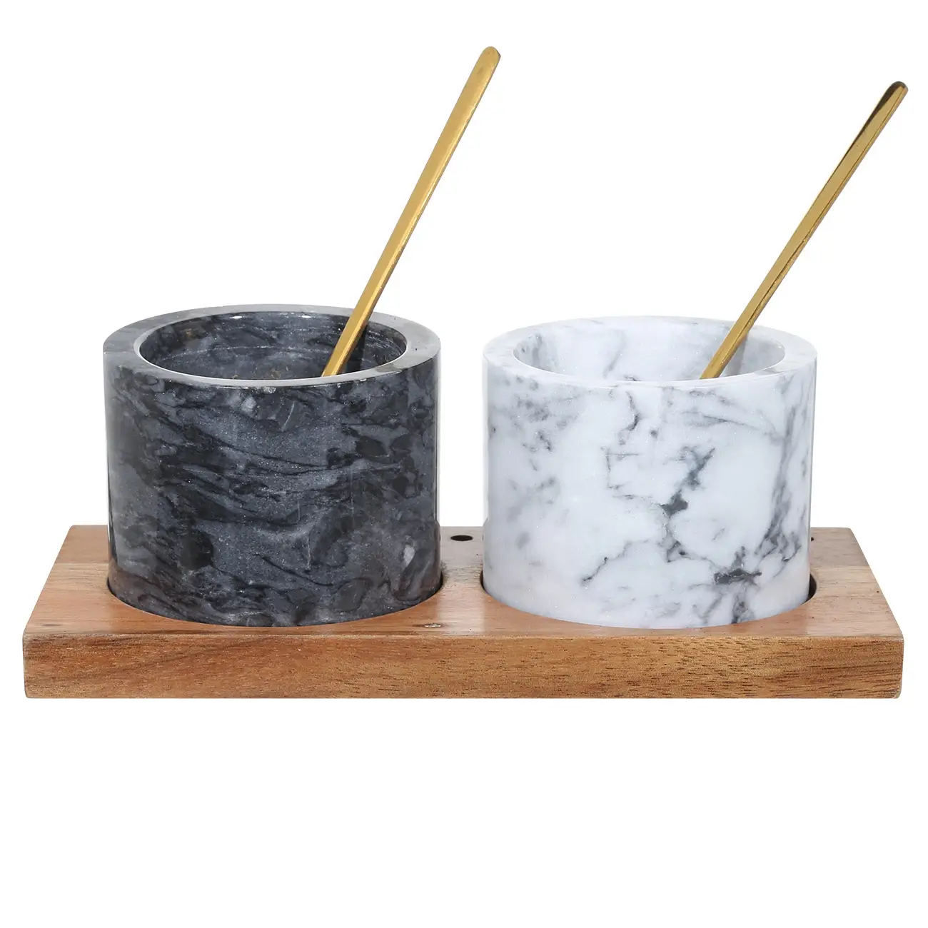 Емкость для специй, 6 см, 2 шт, с ложками, на подставке, мрамор/дерево, Marble, image-0