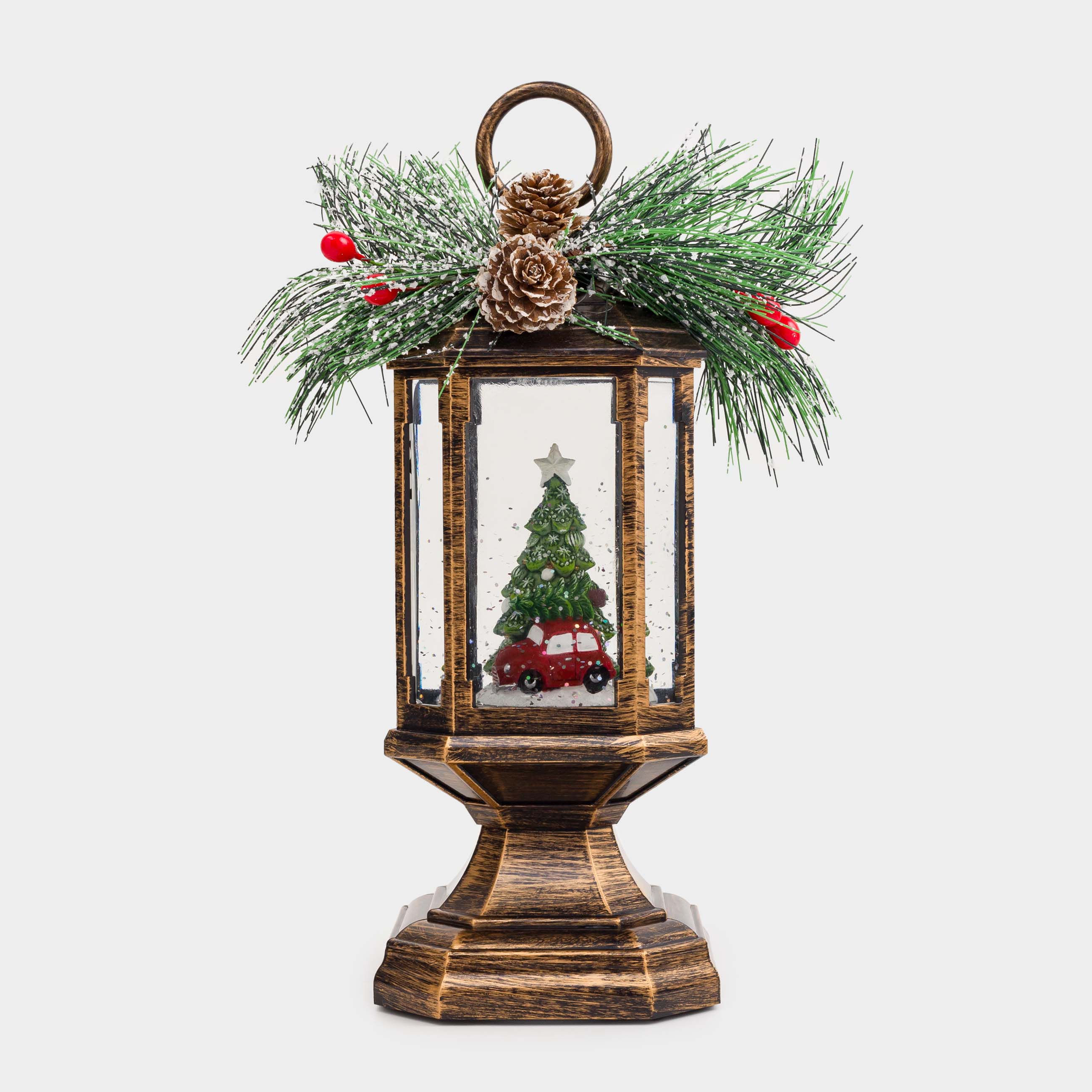 Снежный фонарь, 23 см, с подсветкой, пластик, бронзовый, Машина у елки, Bronze style