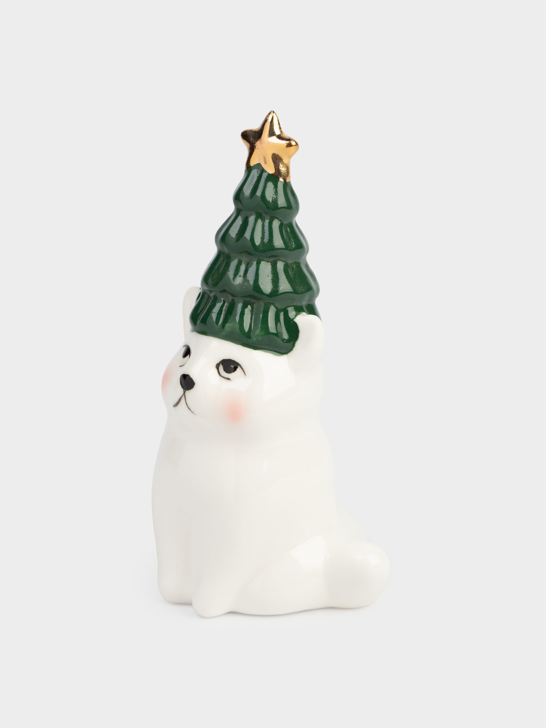 Статуэтка, 13 см, фарфор P, бело-зеленая, Кот с елкой, Christmas cat, image-2