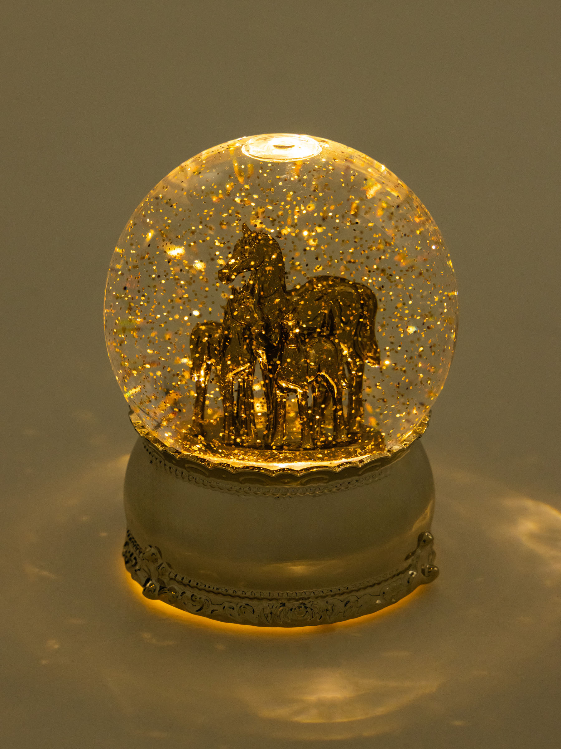 Снежный фонарь, 15 см, с подсветкой, пластик, золотистый, Лошадь в шаре, Golden style, image-5