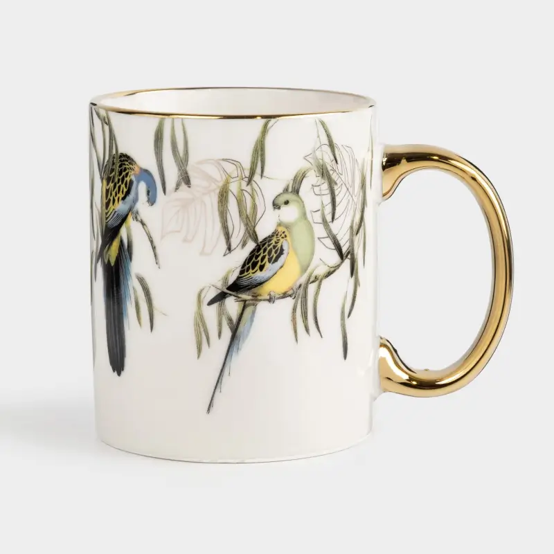 Кружка, 350 мл, фарфор N, бело-золотистая, Попугаи на ветках, Glorious bird ,image-0